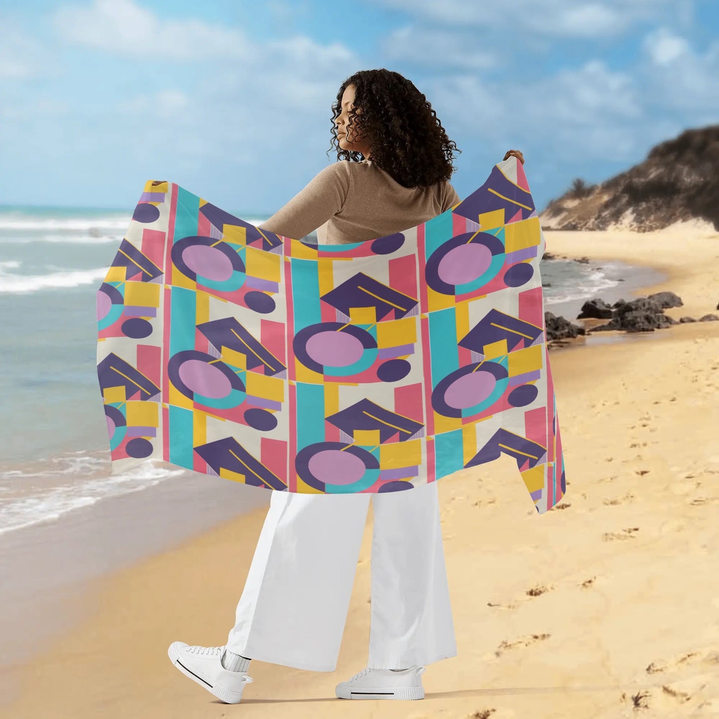 Abstract Geometric Colorful Sheer Womens Bikini Coverup Sarong Art Deco Inspired Bikini Coverup Sheer Retro Wrap