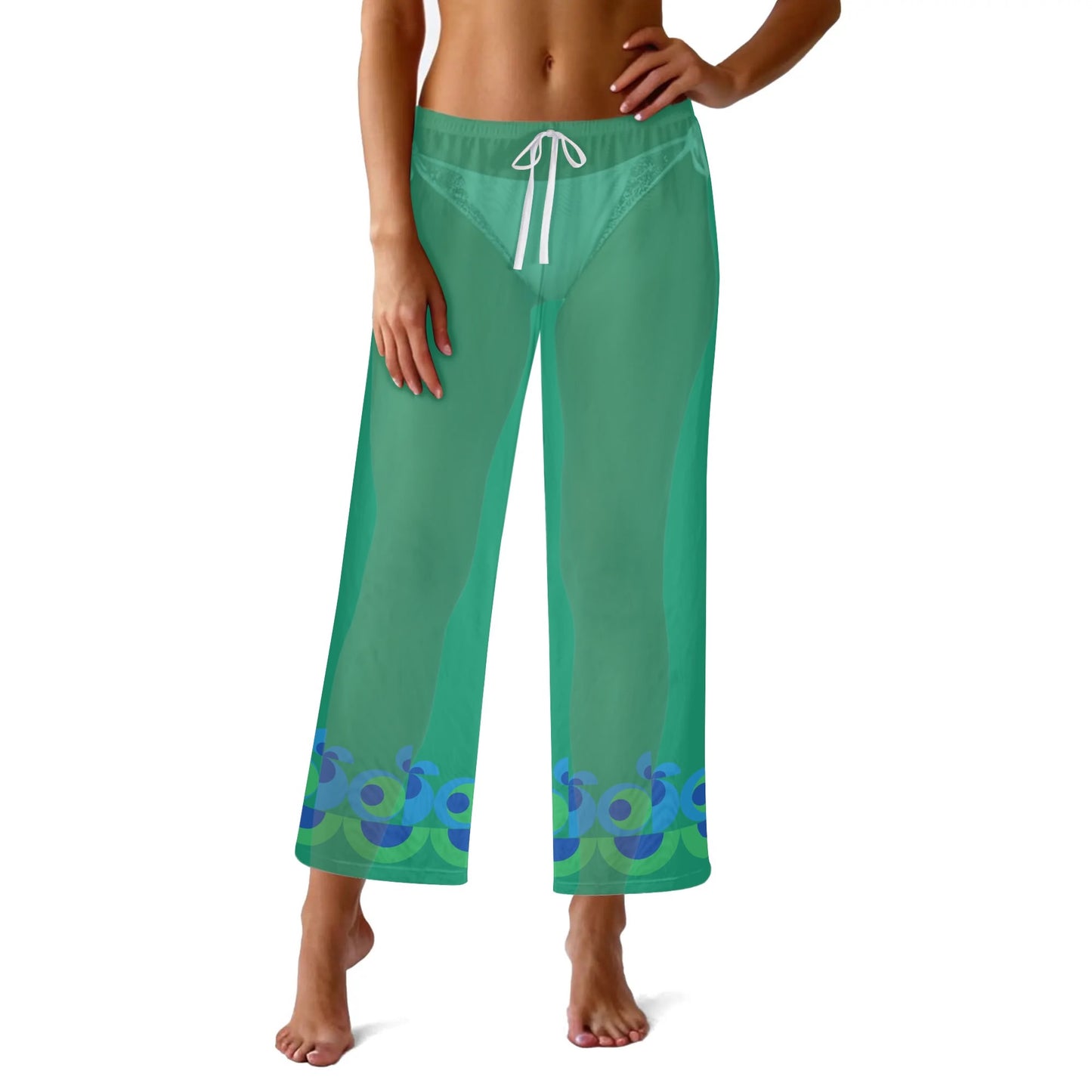 Green with Blue Geometric Trim Womens See Through Cover up Straight Leg Pants Swimsuit Bikini Bottom