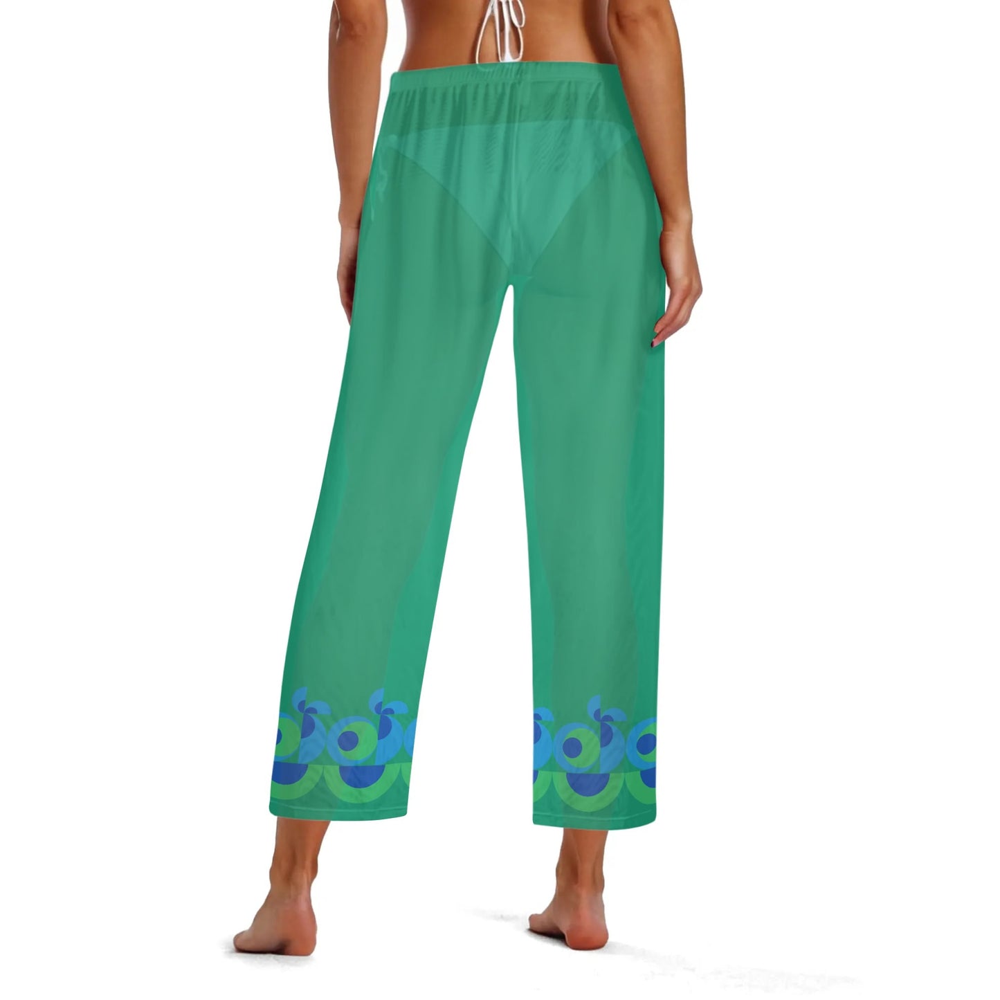 Green with Blue Geometric Trim Womens See Through Cover up Straight Leg Pants Swimsuit Bikini Bottom