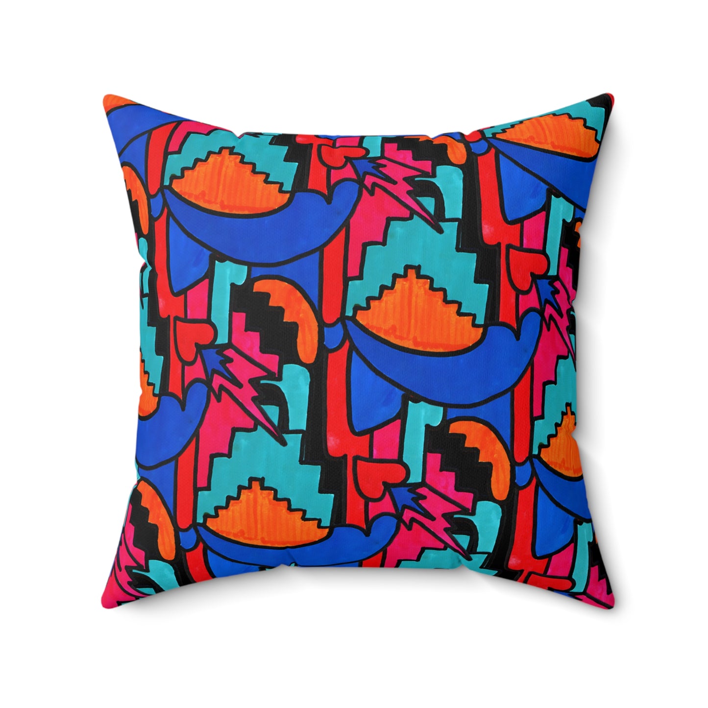 Pop Decoscape Maximalist Drawing Throw Pillow | Colorful Eclectic Maximalist Square Cushion