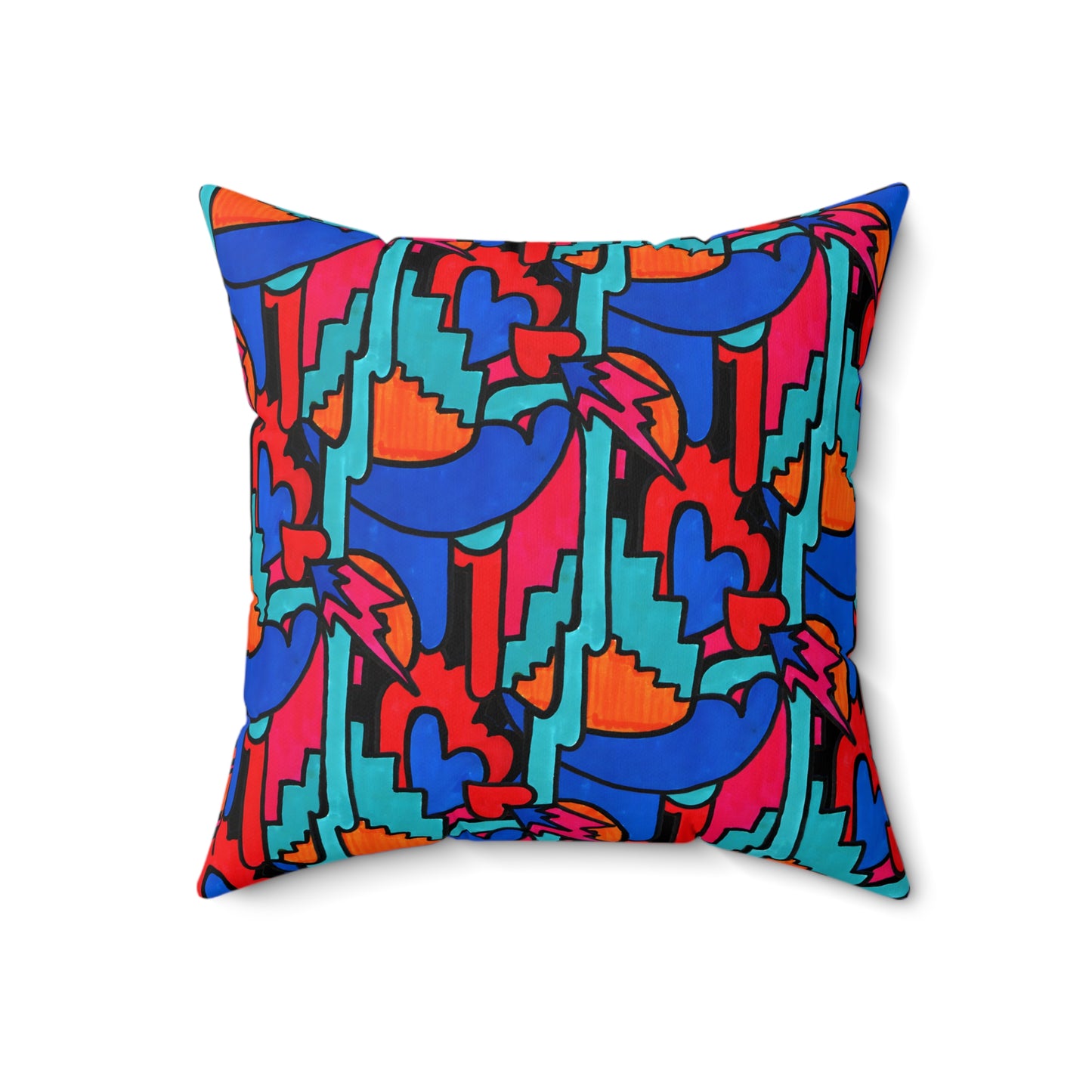 Pop Decoscape Maximalist Drawing Throw Pillow | Colorful Eclectic Maximalist Square Cushion