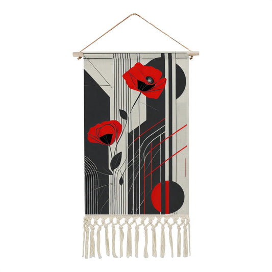 Crimson Poppies Deco Wall Hanging | Geometric Floral Cotton Linen Tapestry