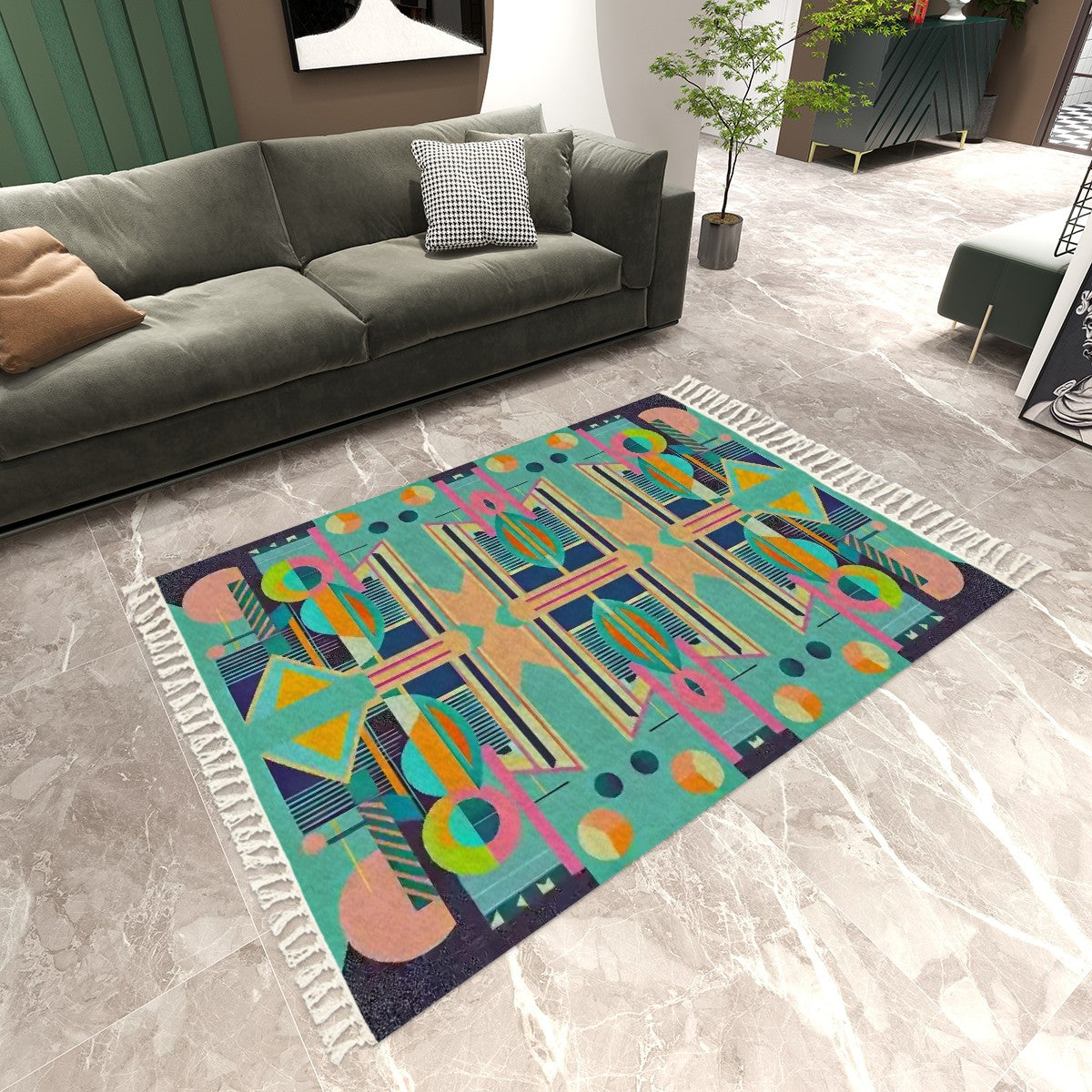 Pop Wild Geometric Area Rug with Tassels (5'x8') | Boho Eclectic Rug