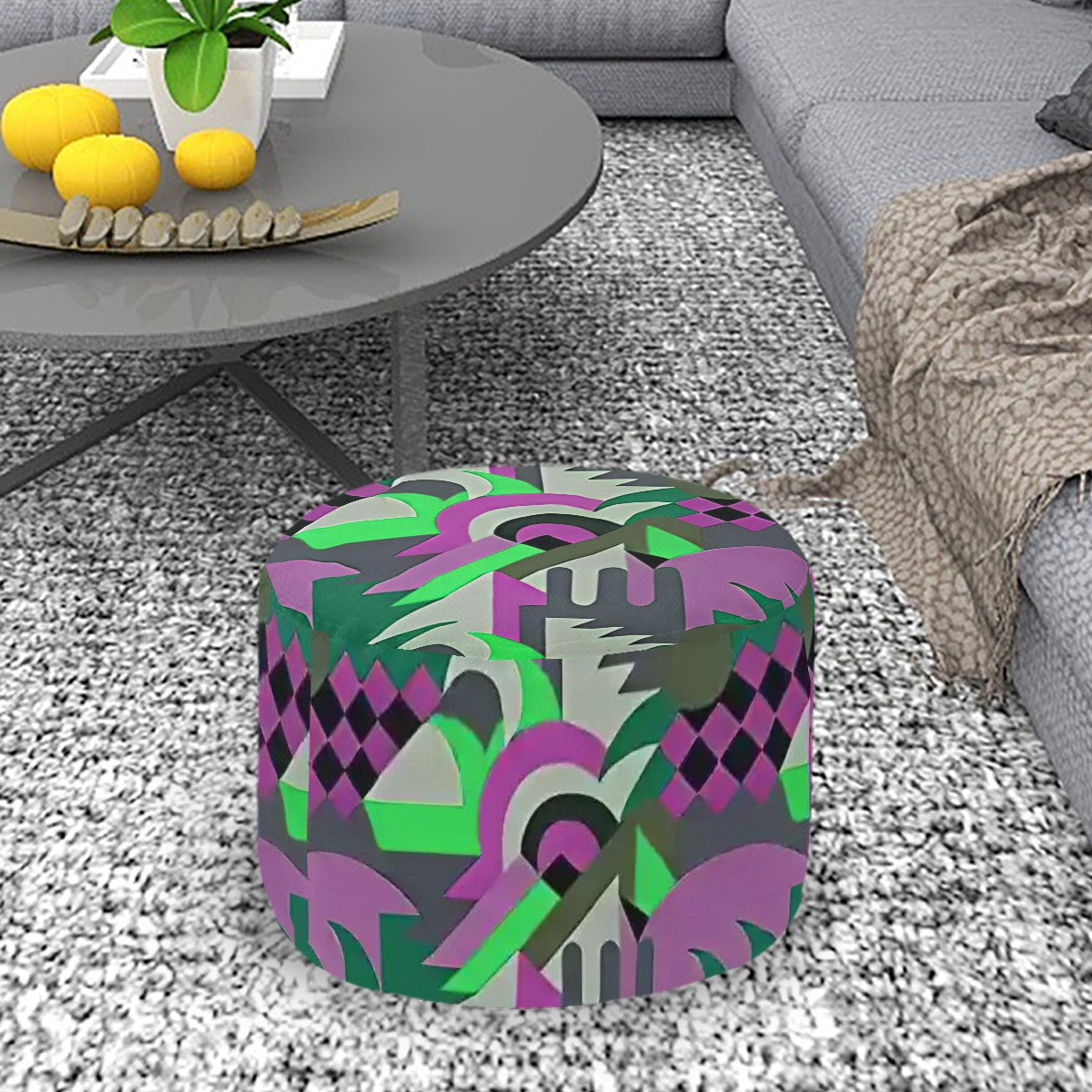 Kaleidoscope Reimagined Colorful Eclectic Round Pouf Ottoman |  Art Deco Inspired Abstract Patterned Pouf