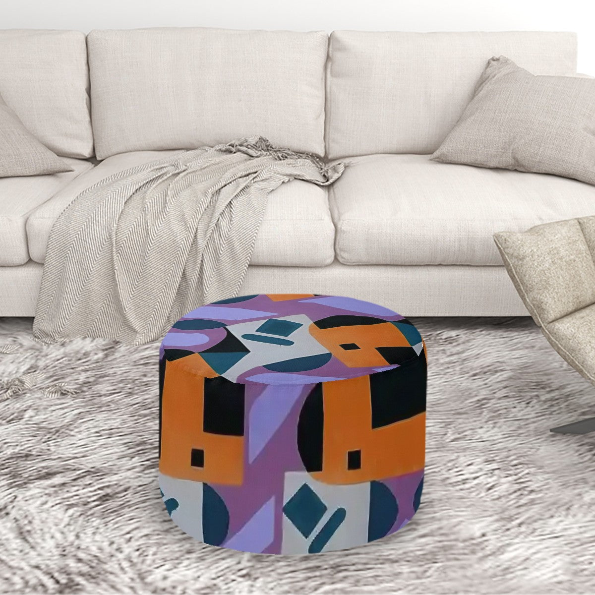 Kaleidoscope Reimagined Colorful Eclectic Round Pouf Ottoman |  Art Deco Inspired Abstract Patterned Pouf