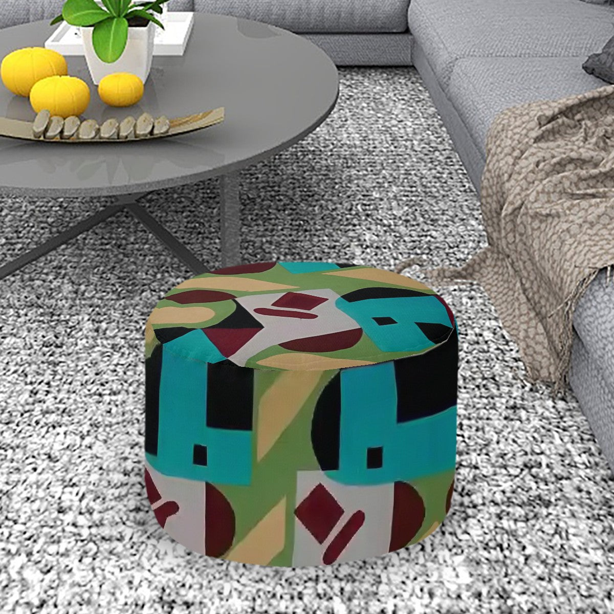 Kaleidoscope Reimagined Colorful Eclectic Round Pouf Ottoman |  Art Deco Inspired Abstract Patterned Pouf