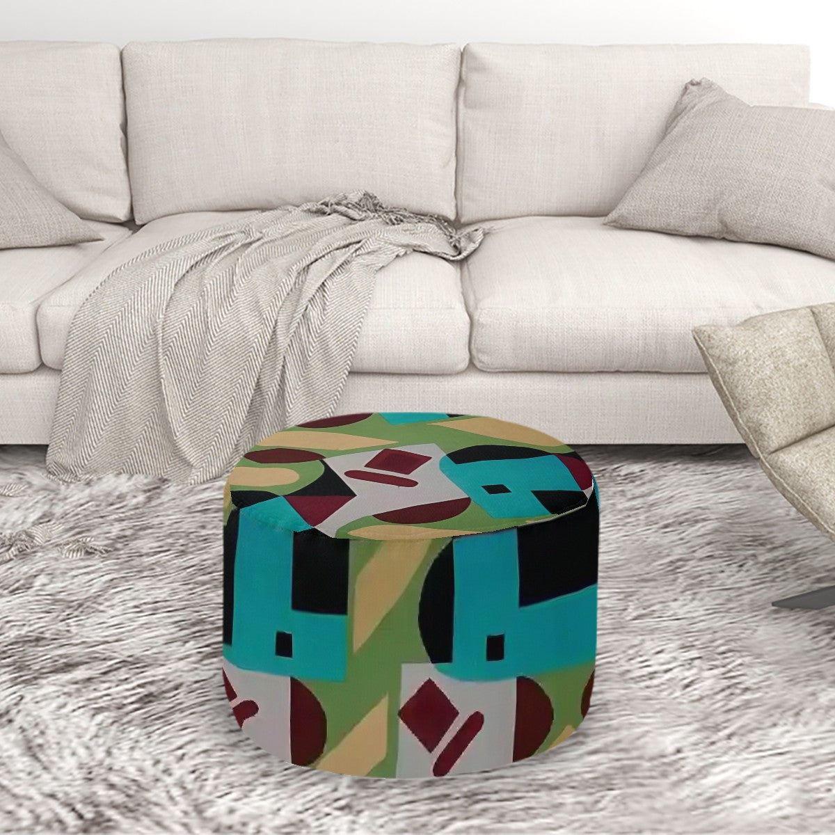 Kaleidoscope Reimagined Colorful Eclectic Round Pouf Ottoman |  Art Deco Inspired Abstract Patterned Pouf