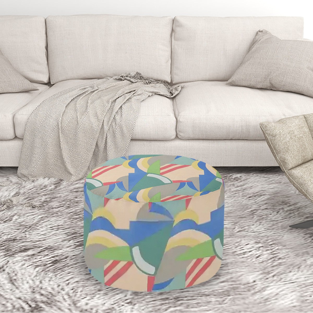 Kaleidoscope Reimagined Colorful Eclectic Round Pouf Ottoman |  Art Deco Inspired Abstract Patterned Pouf