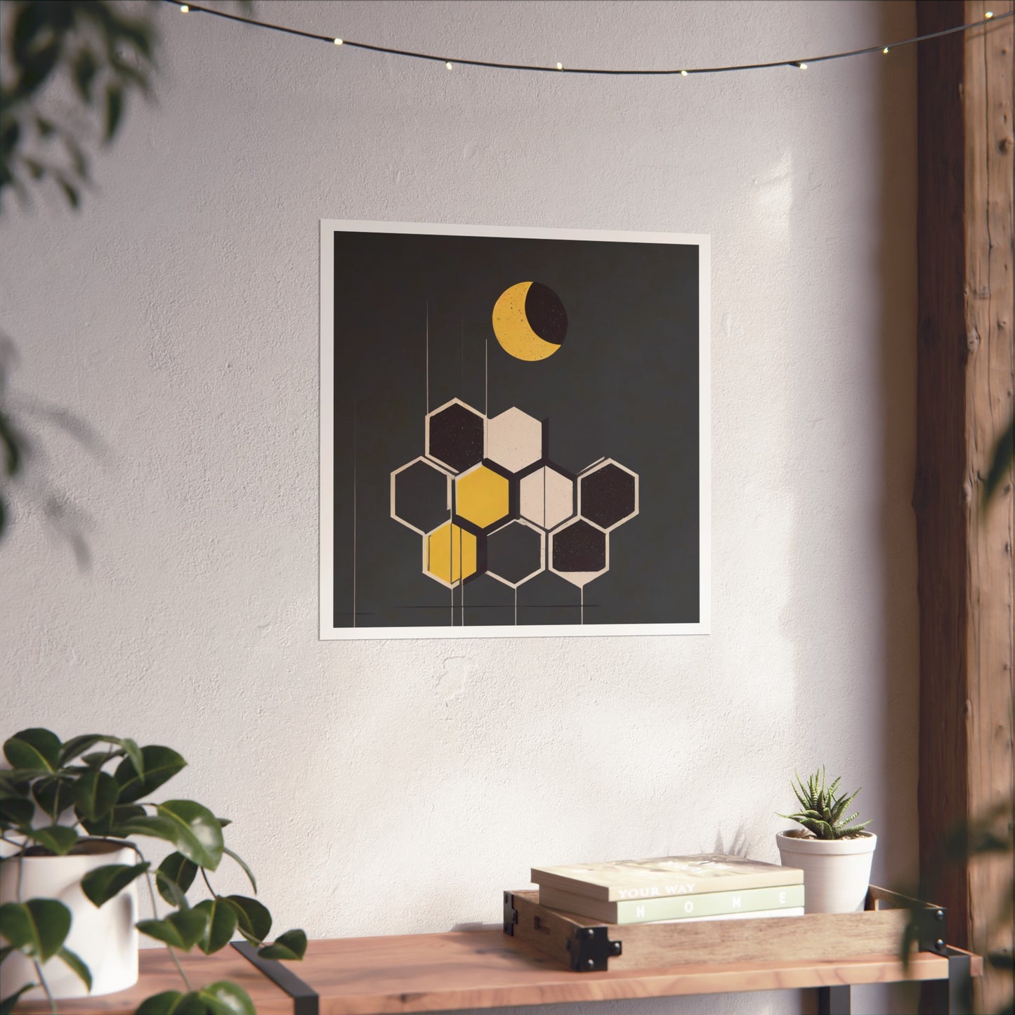 Minimalist New Moon Graphic Abstract Geometric Honeycomb Square Matte Poster Cosmic Art Print