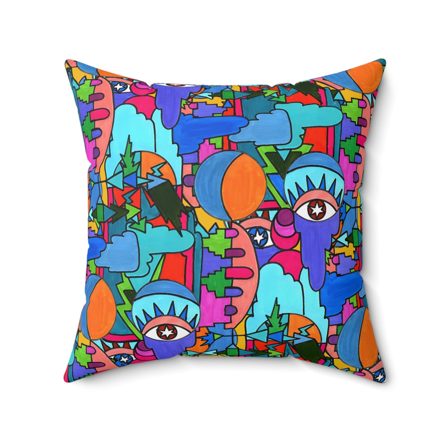 Pop Decoscape Abstract Artwork Maximalist Throw Pillow - Colorful Hand Drawn Eclectic Square Pillow