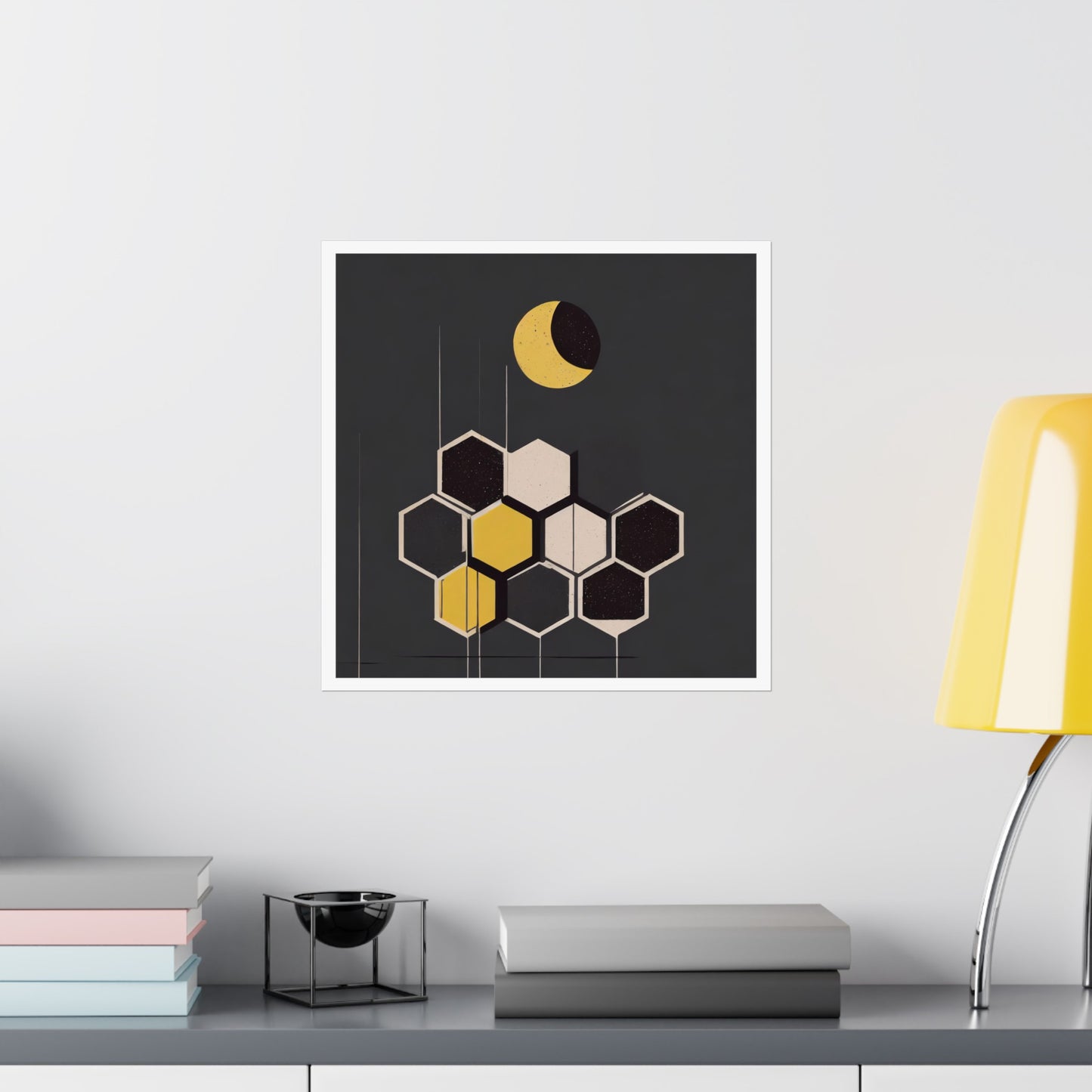 Minimalist New Moon Graphic Abstract Geometric Honeycomb Square Matte Poster Cosmic Art Print