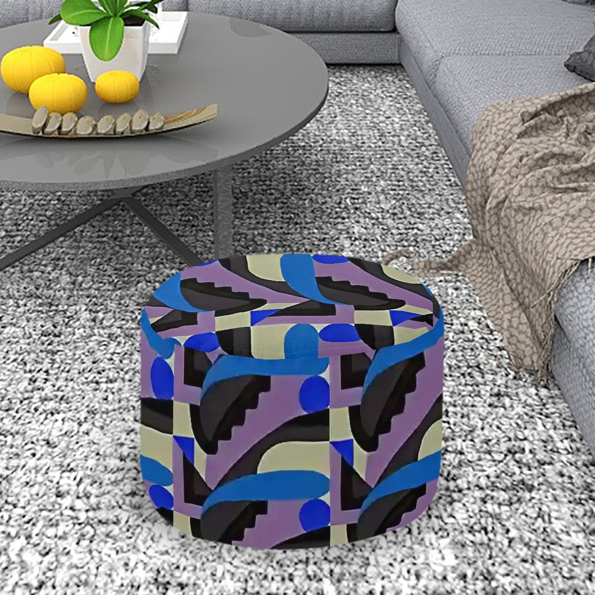 Kaleidoscope Reimagined Colorful Eclectic Round Pouf Ottoman |  Art Deco Inspired Abstract Patterned Pouf