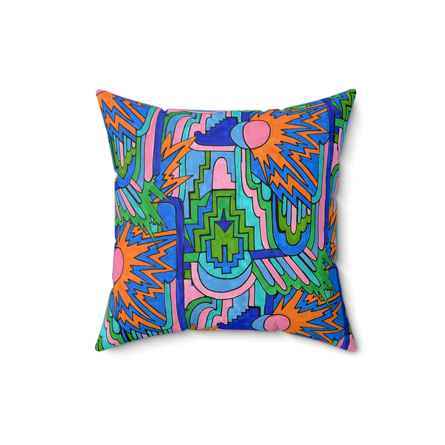 Pop Decoscape Abstract Artwork Maximalist Throw Pillow - Colorful Hand Drawn Eclectic Square Pillow