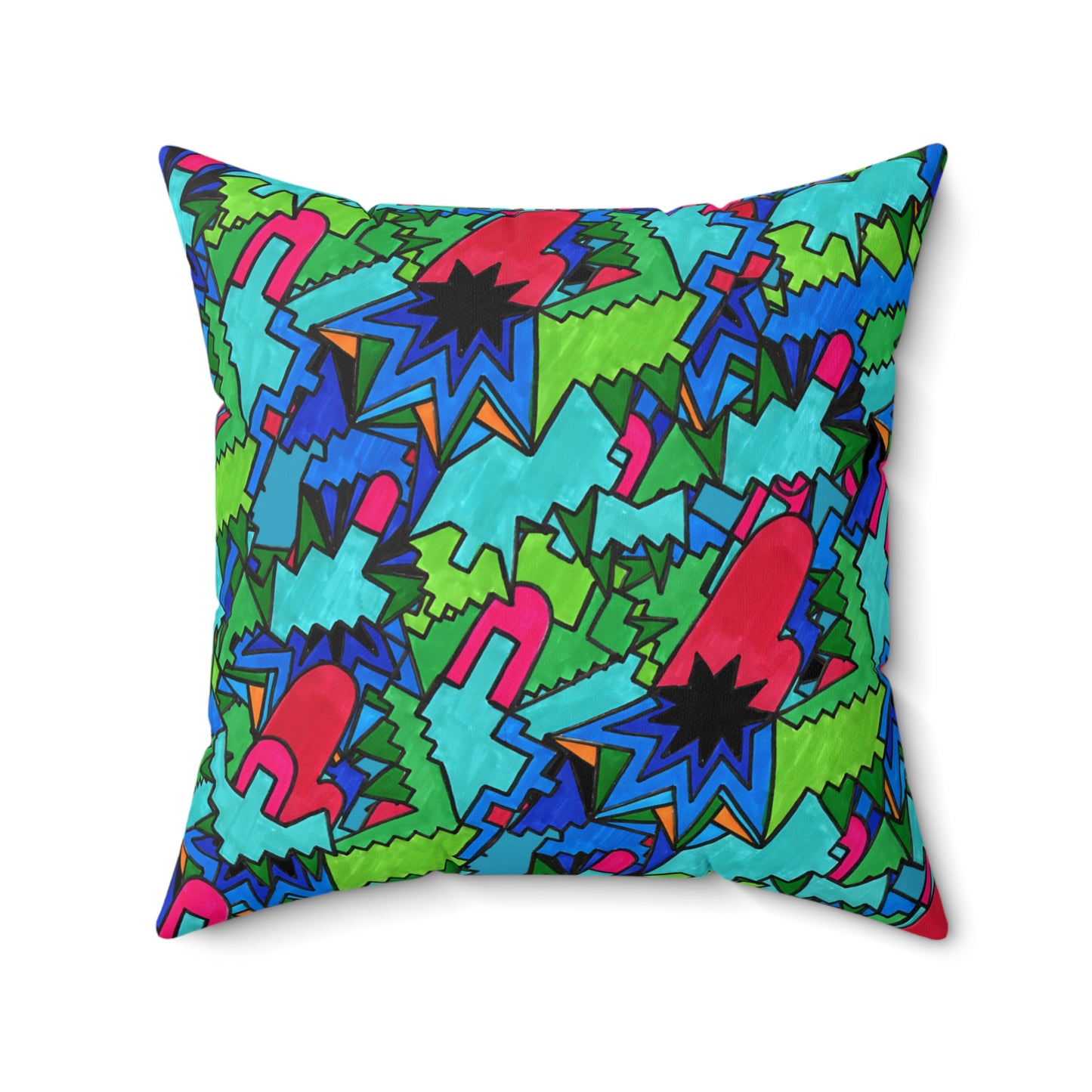 Pop Decoscape Abstract Artwork Maximalist Throw Pillow - Colorful Hand Drawn Eclectic Square Pillow