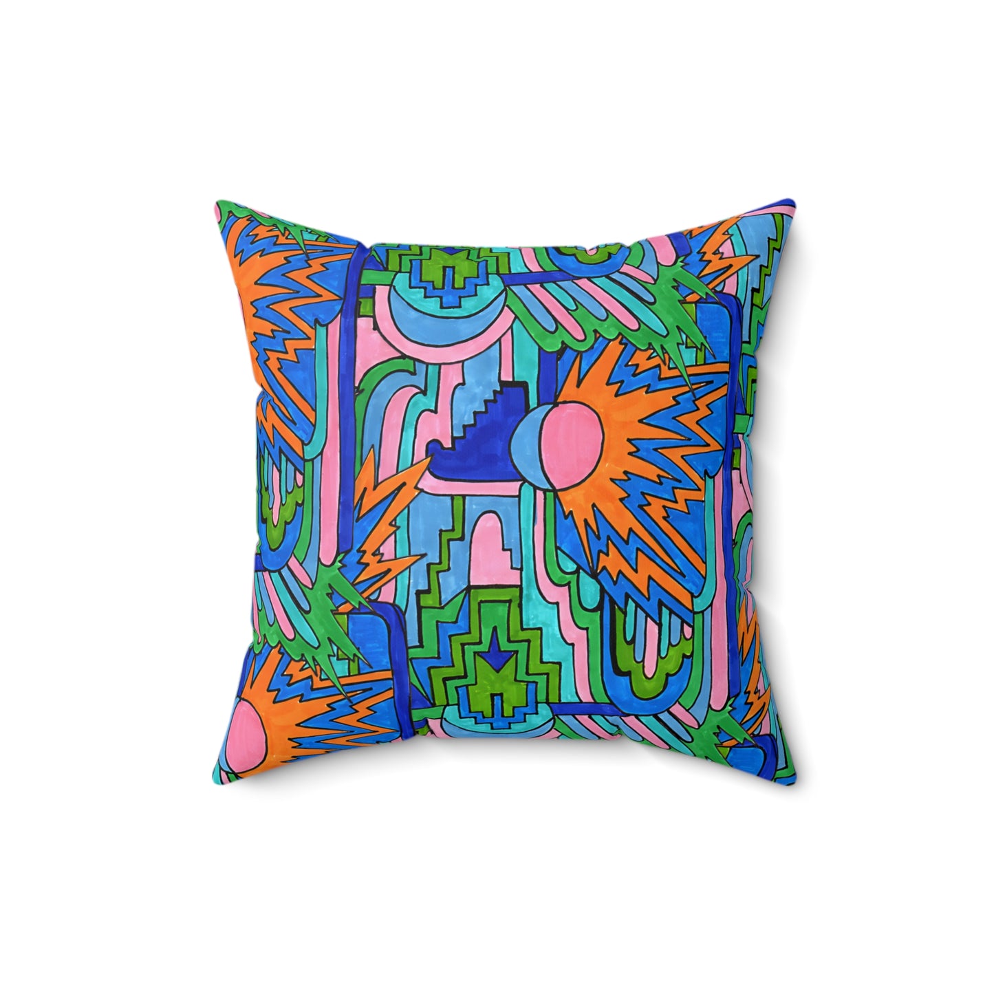 Pop Decoscape Abstract Artwork Maximalist Throw Pillow - Colorful Hand Drawn Eclectic Square Pillow