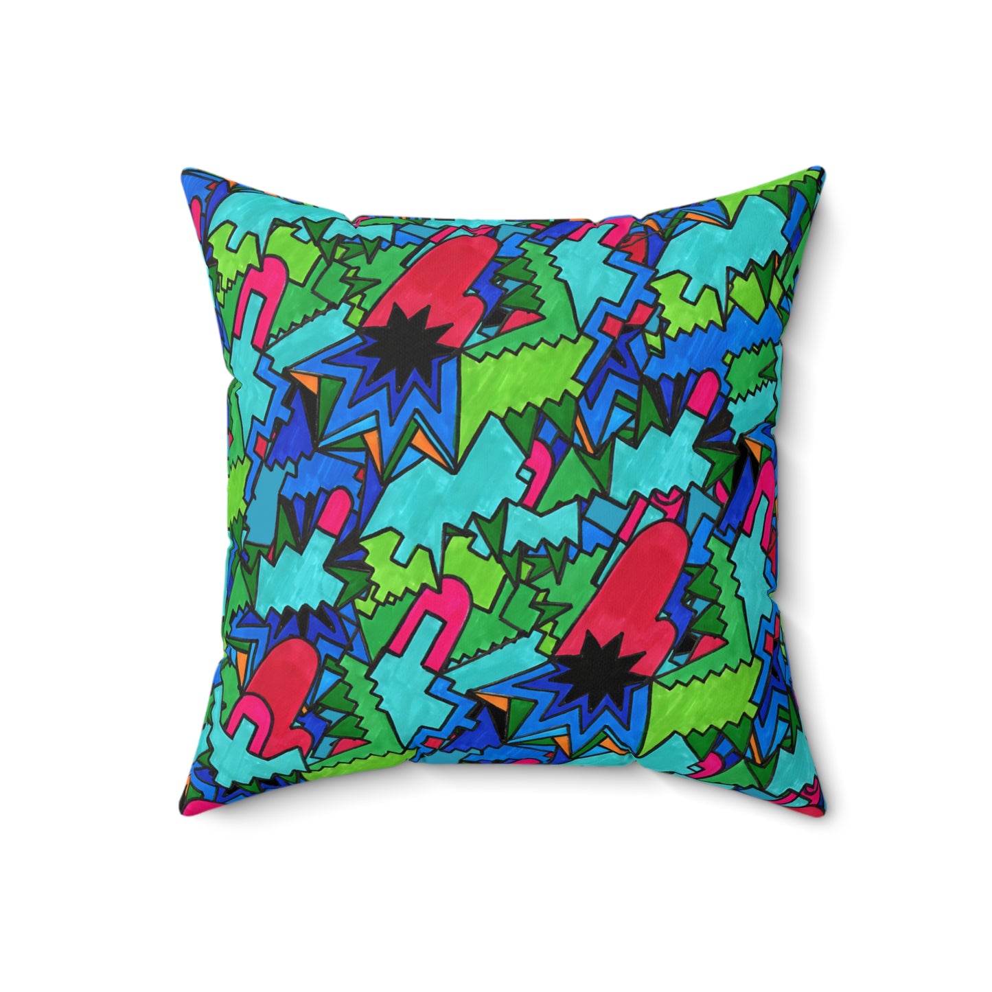 Pop Decoscape Abstract Artwork Maximalist Throw Pillow - Colorful Hand Drawn Eclectic Square Pillow