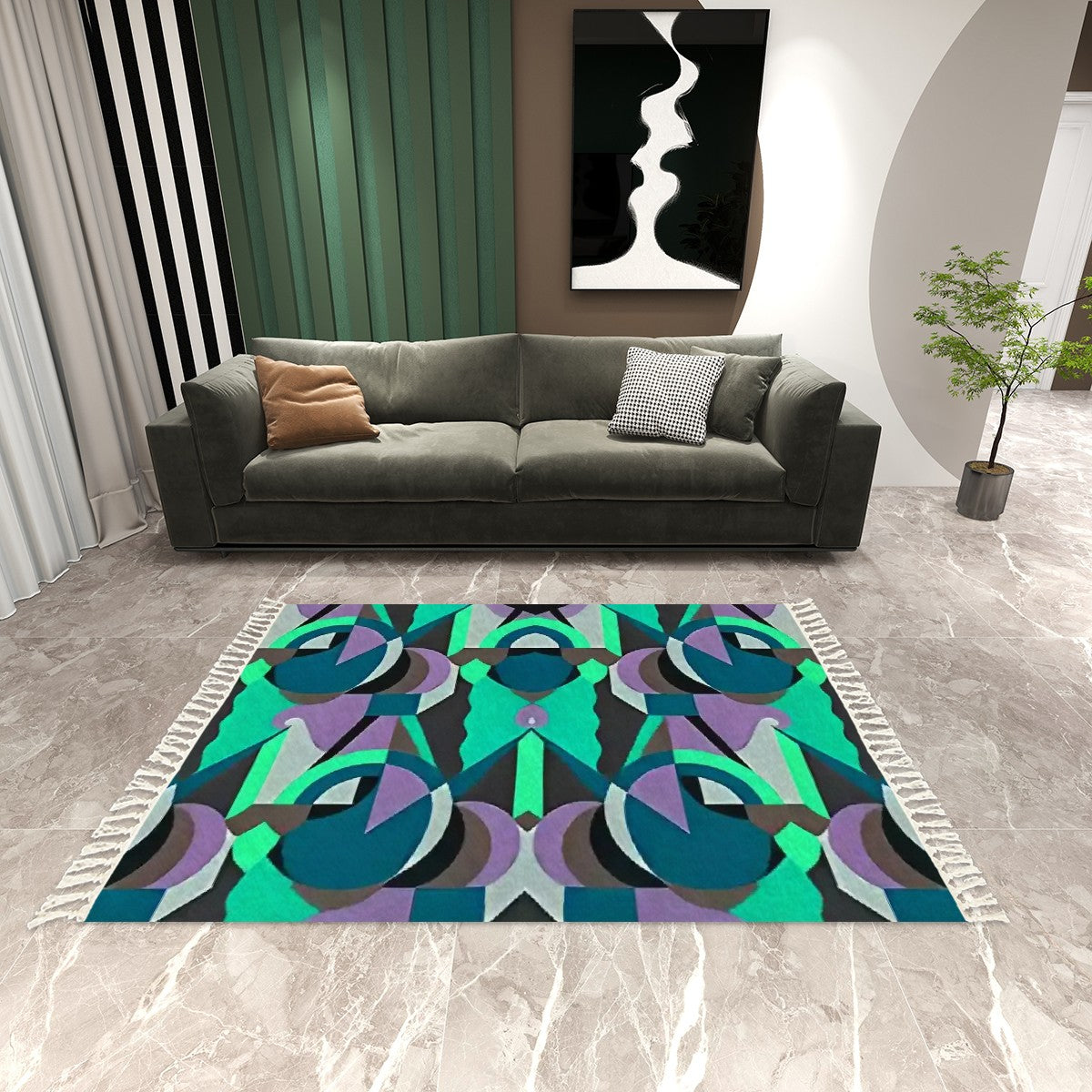 Chromatic Echoes Abstract Geometric Area Rug with Tassels (5'x8') | Vibrant Art Deco Rug