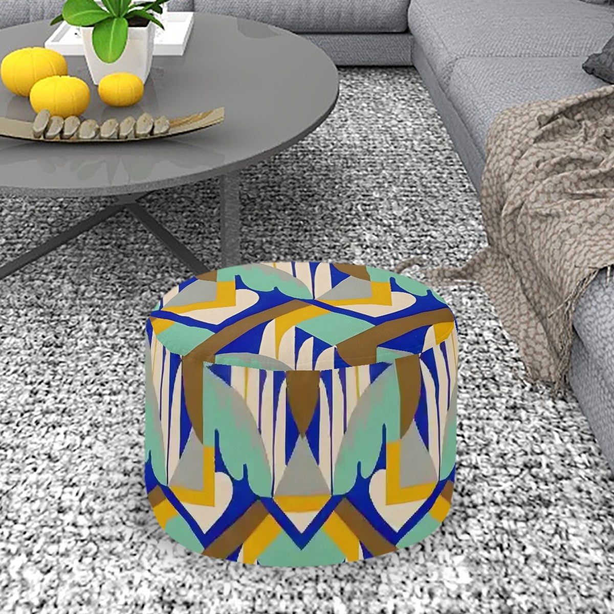 Kaleidoscope Reimagined Colorful Eclectic Round Pouf Ottoman |  Art Deco Inspired Abstract Patterned Pouf