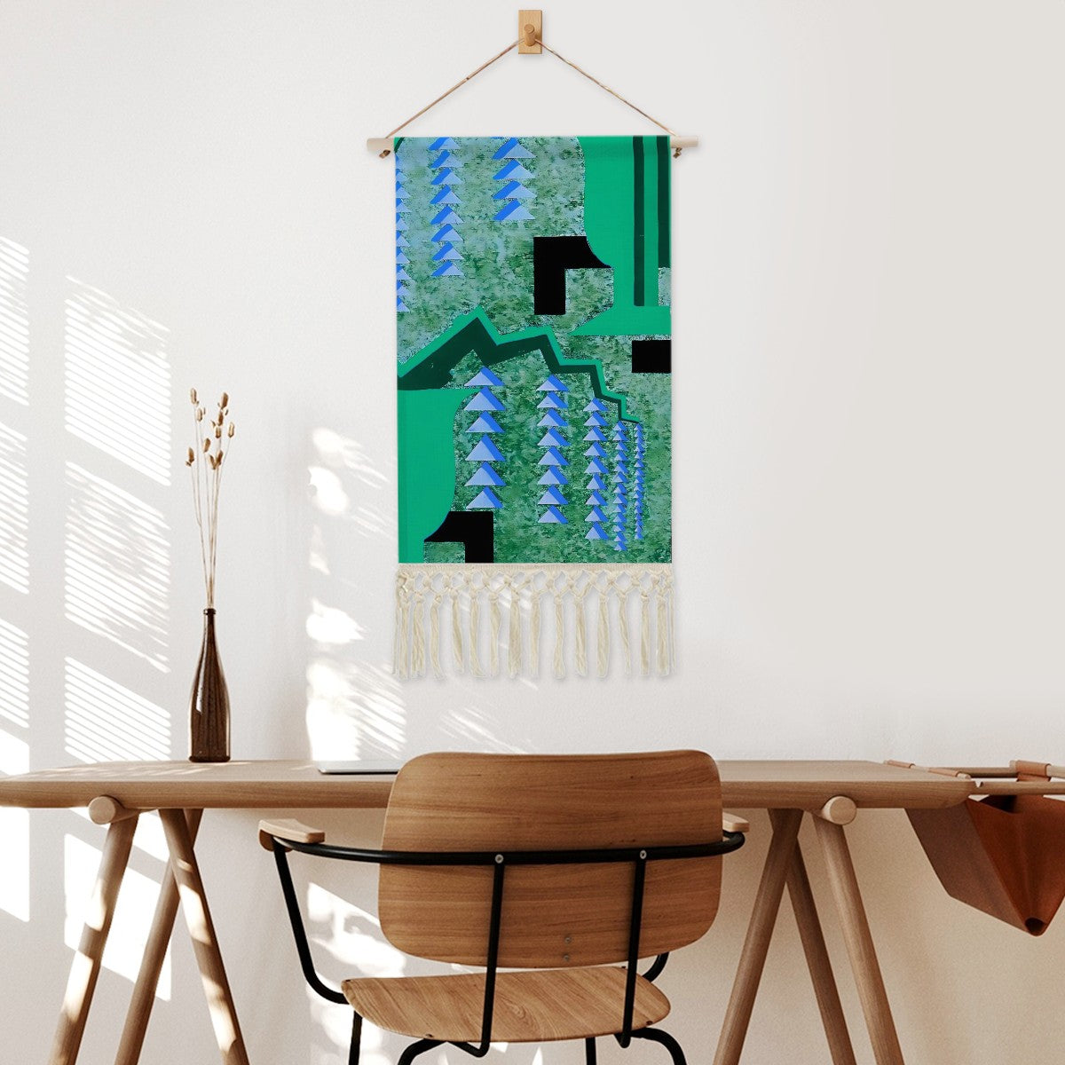 Green Metropolis Grid Wall Hanging | Art Deco Geometric Cotton Linen Tapestry