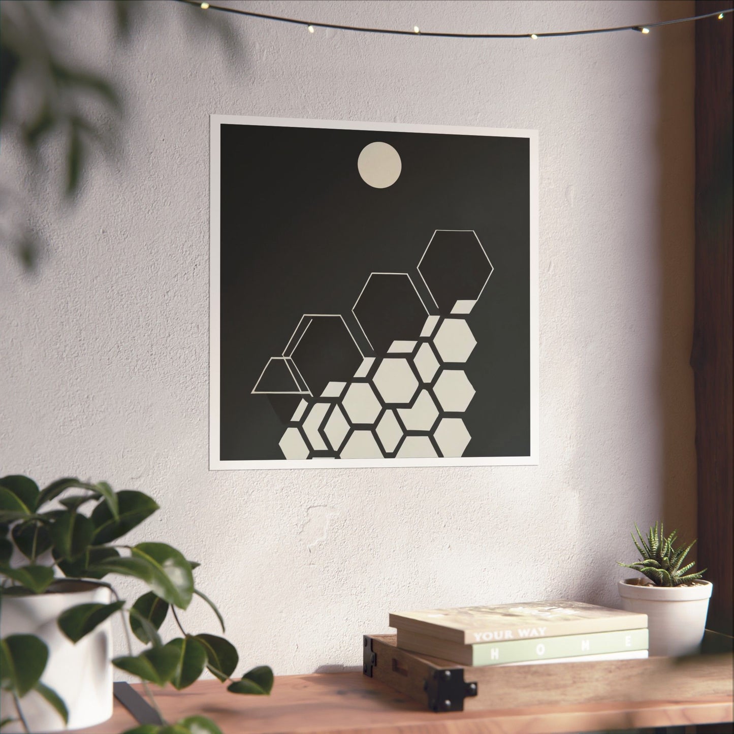 Minimalist Moon Graphic Abstract Geometric Honeycomb Square Matte Poster Cosmic Lunar Art Print