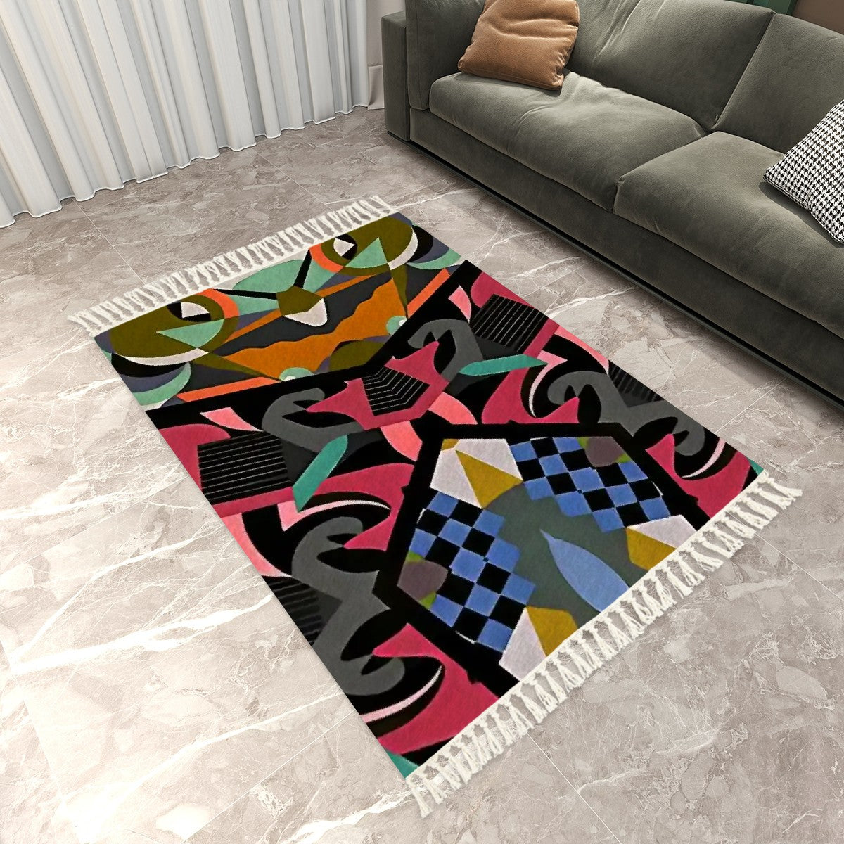 Moody Boho Luxe Abstract Geometric Area Rug with Tassels (5'x8') | Dark Academia Rug