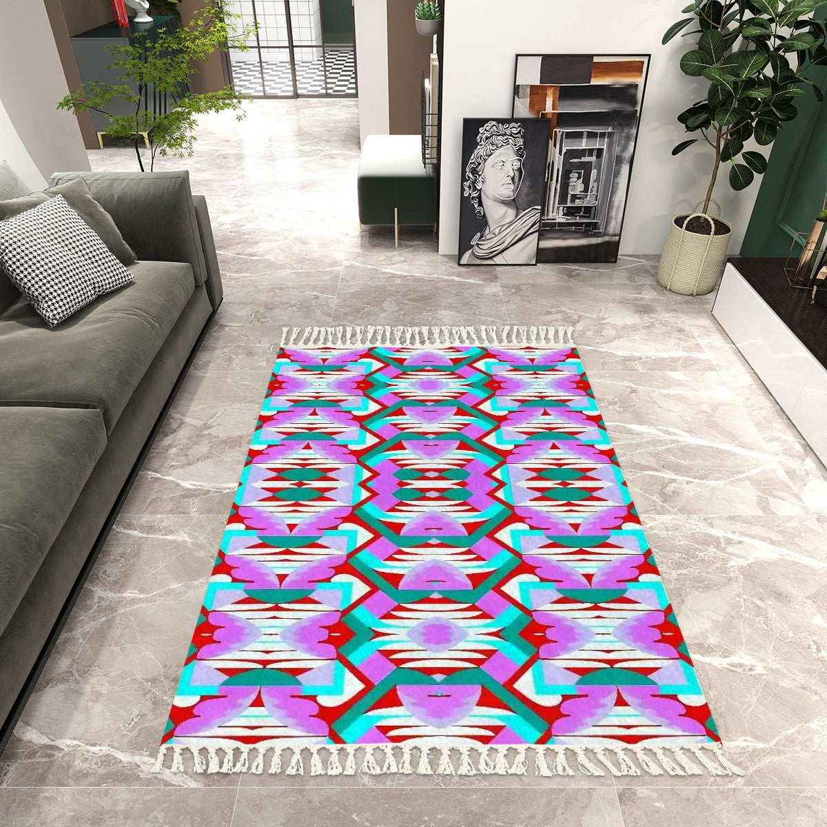 Kaleidoscope Reimagined Colorful Area Rug with Tassels (5x8)