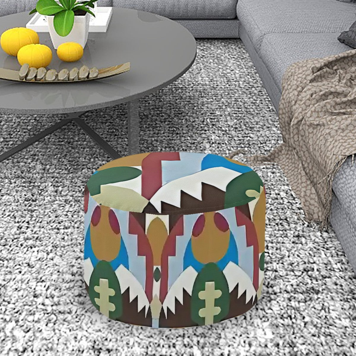 Kaleidoscope Reimagined Colorful Eclectic Round Pouf Ottoman |  Art Deco Inspired Abstract Patterned Pouf