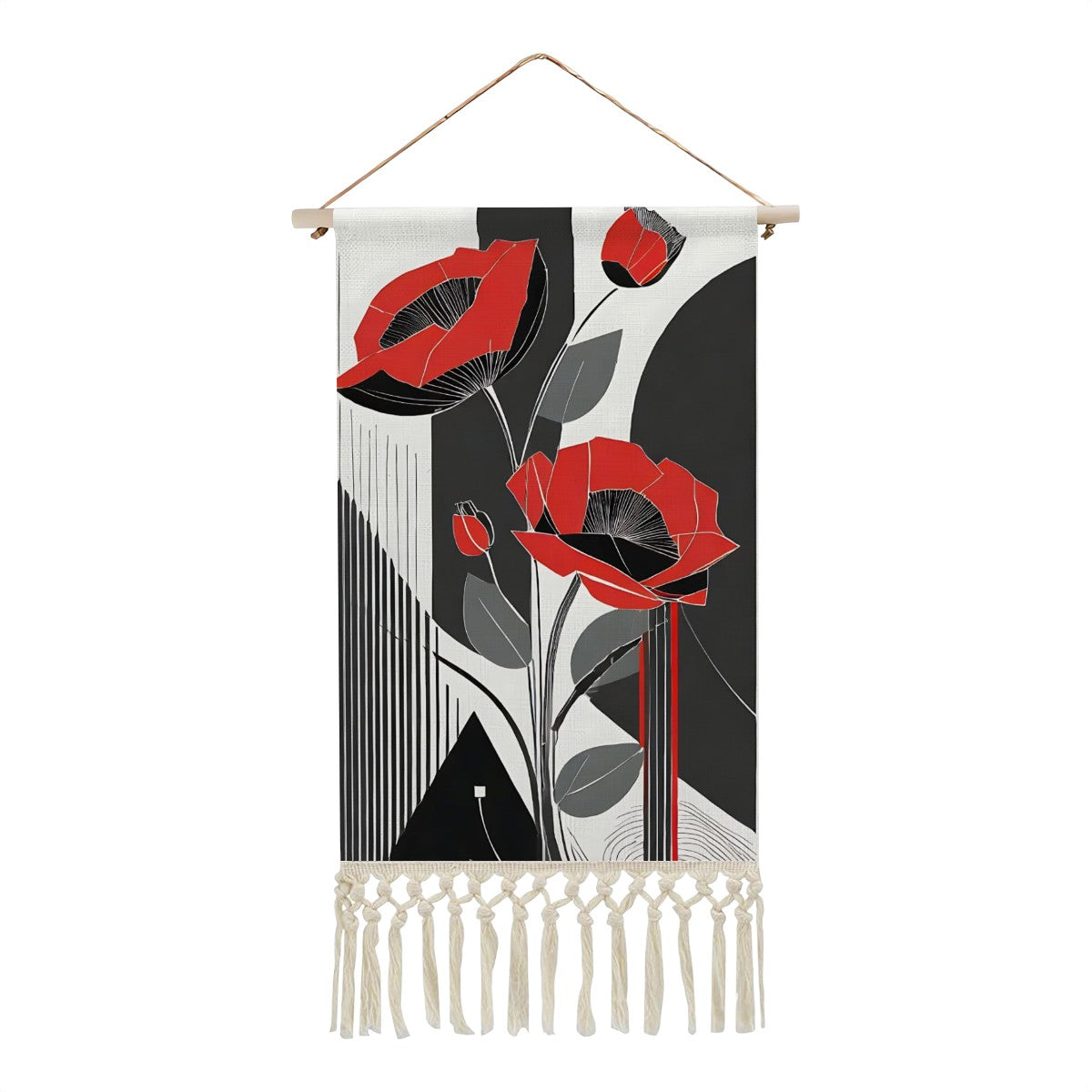 Scarlet Bloom Wall Hanging | Art Deco Floral Cotton Linen Tapestry