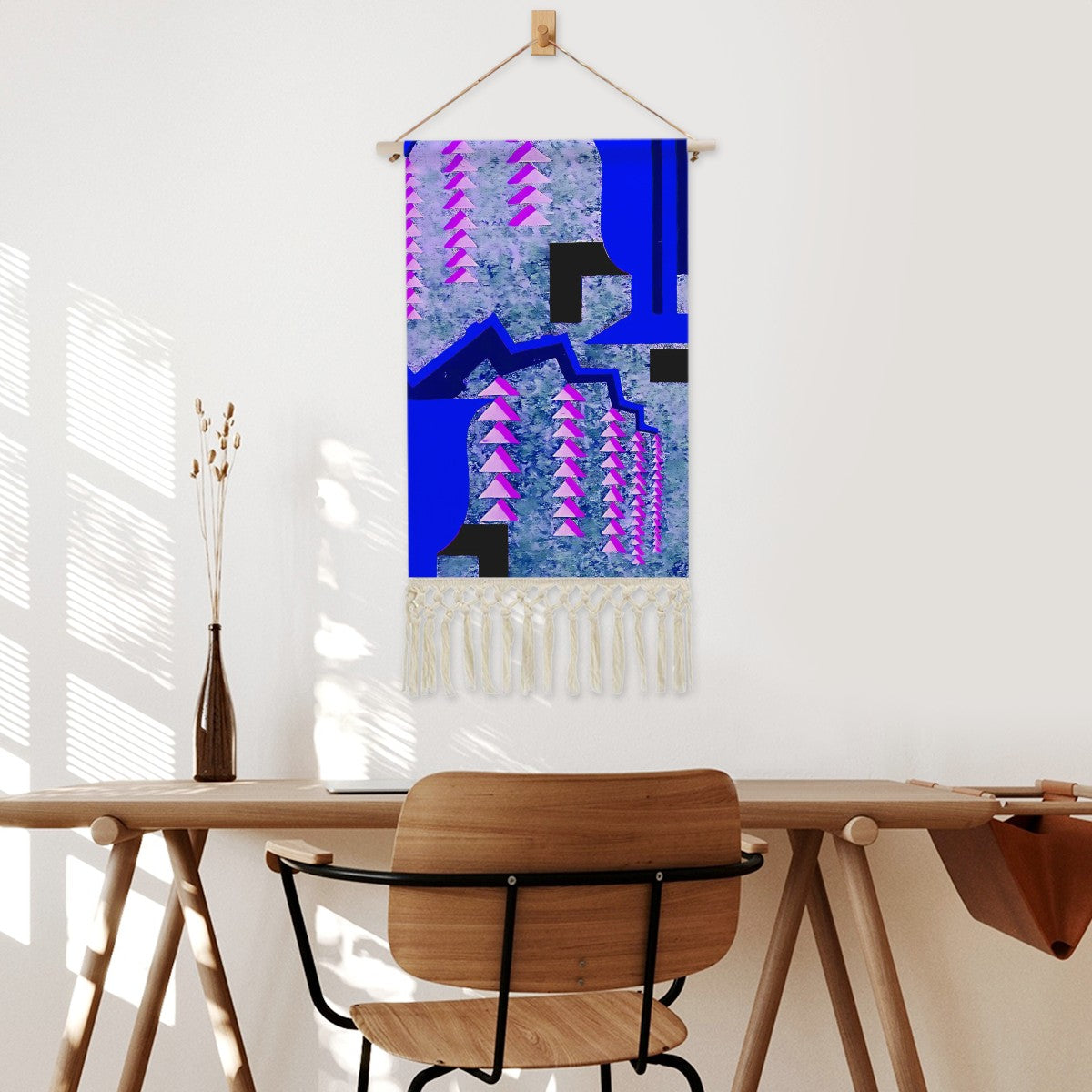 Blue Metropolis Grid Wall Hanging | Art Deco Geometric Cotton Linen Tapestry