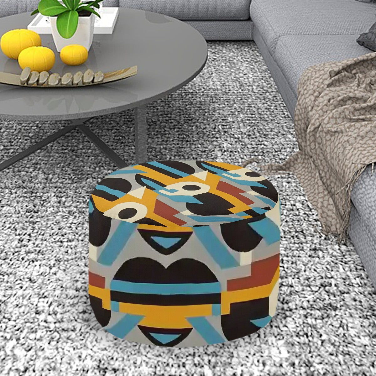 Kaleidoscope Reimagined Colorful Eclectic Round Pouf Ottoman |  Art Deco Inspired Abstract Patterned Pouf