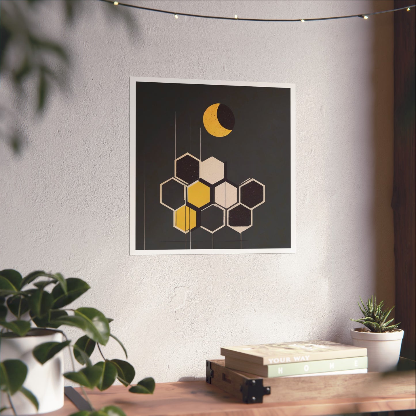 Minimalist New Moon Graphic Abstract Geometric Honeycomb Square Matte Poster Cosmic Art Print