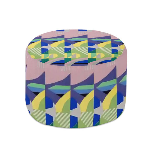 Kaleidoscope Reimagined Colorful Eclectic Round Pouf Ottoman |  Art Deco Inspired Abstract Patterned Pouf