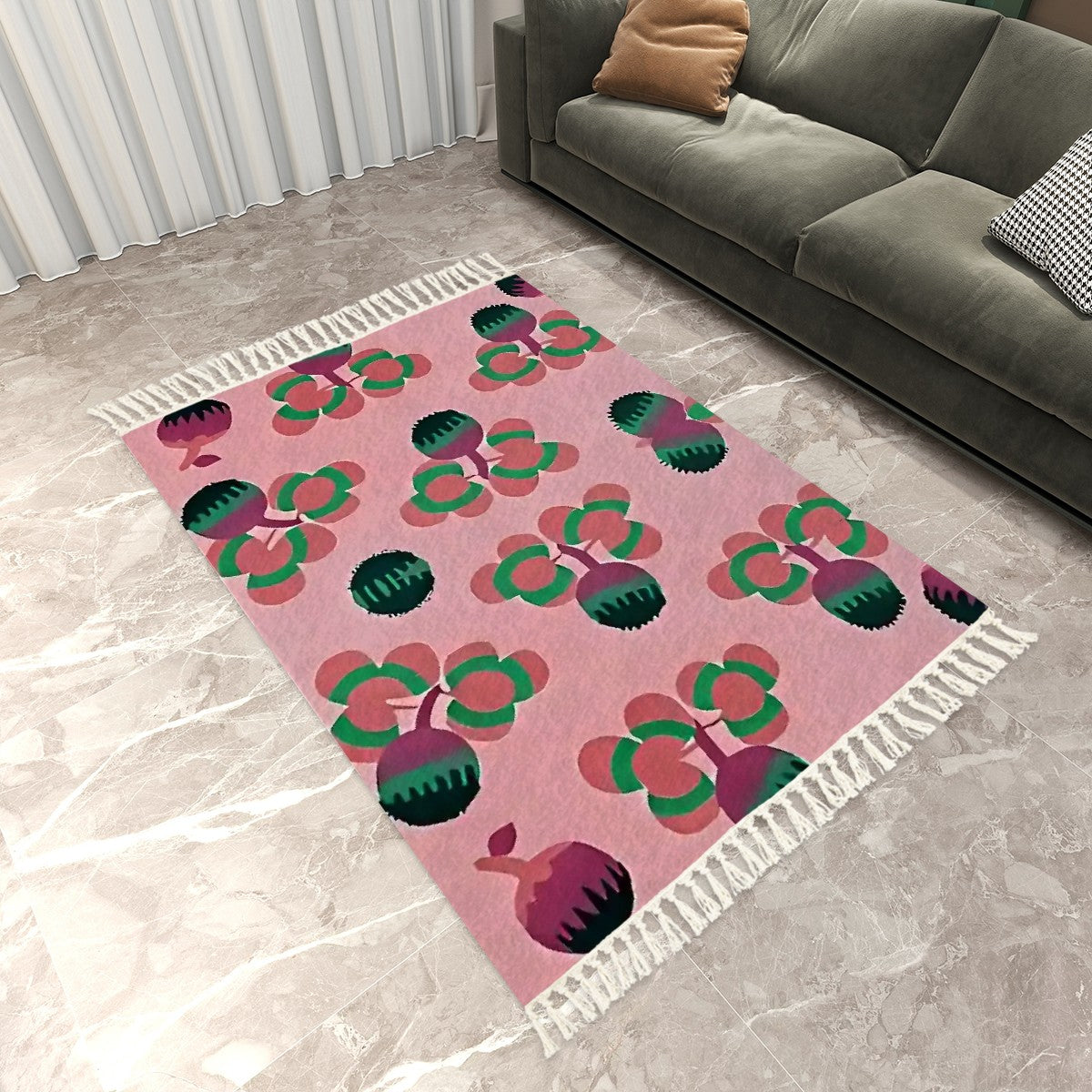 Blush Art Deco Abstract Floral Area Rug with Tassels (5'x8') | Dreamy Pastel Rug