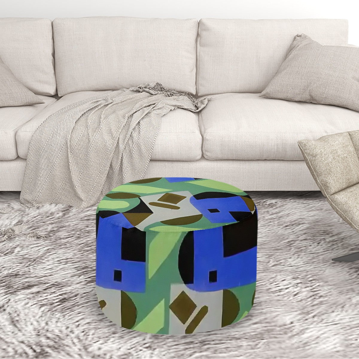 Kaleidoscope Reimagined Colorful Eclectic Round Pouf Ottoman |  Art Deco Inspired Abstract Patterned Pouf