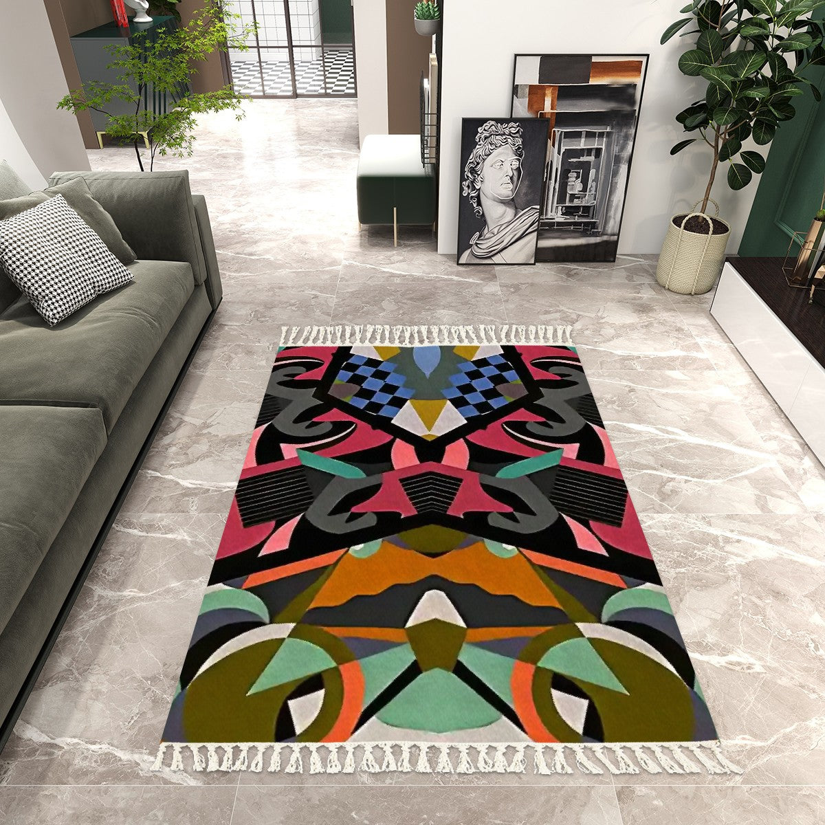 Moody Boho Luxe Abstract Geometric Area Rug with Tassels (5'x8') | Dark Academia Rug