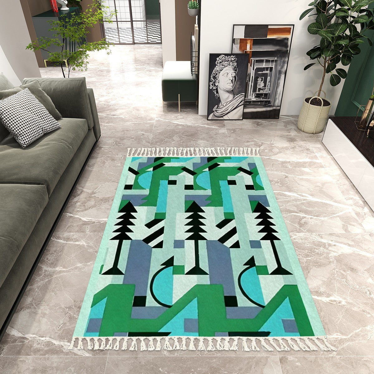 Pretty Prismes Deco Pattern Abstract Geometric Area Rug with Tassels (5'x8') | Boho Eclectic Rug