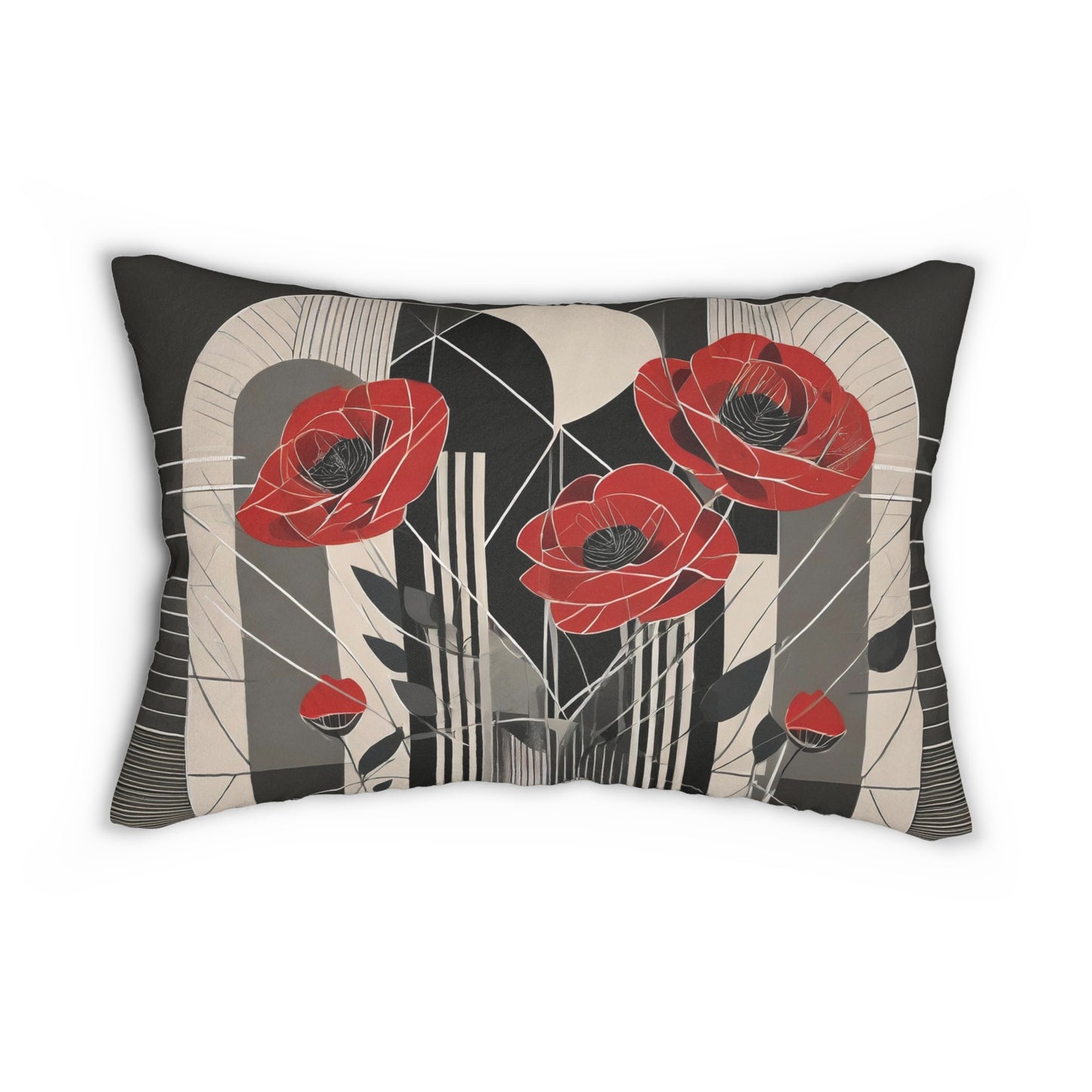 Art Deco Red Poppies Lumbar Rectangular Throw Pillow