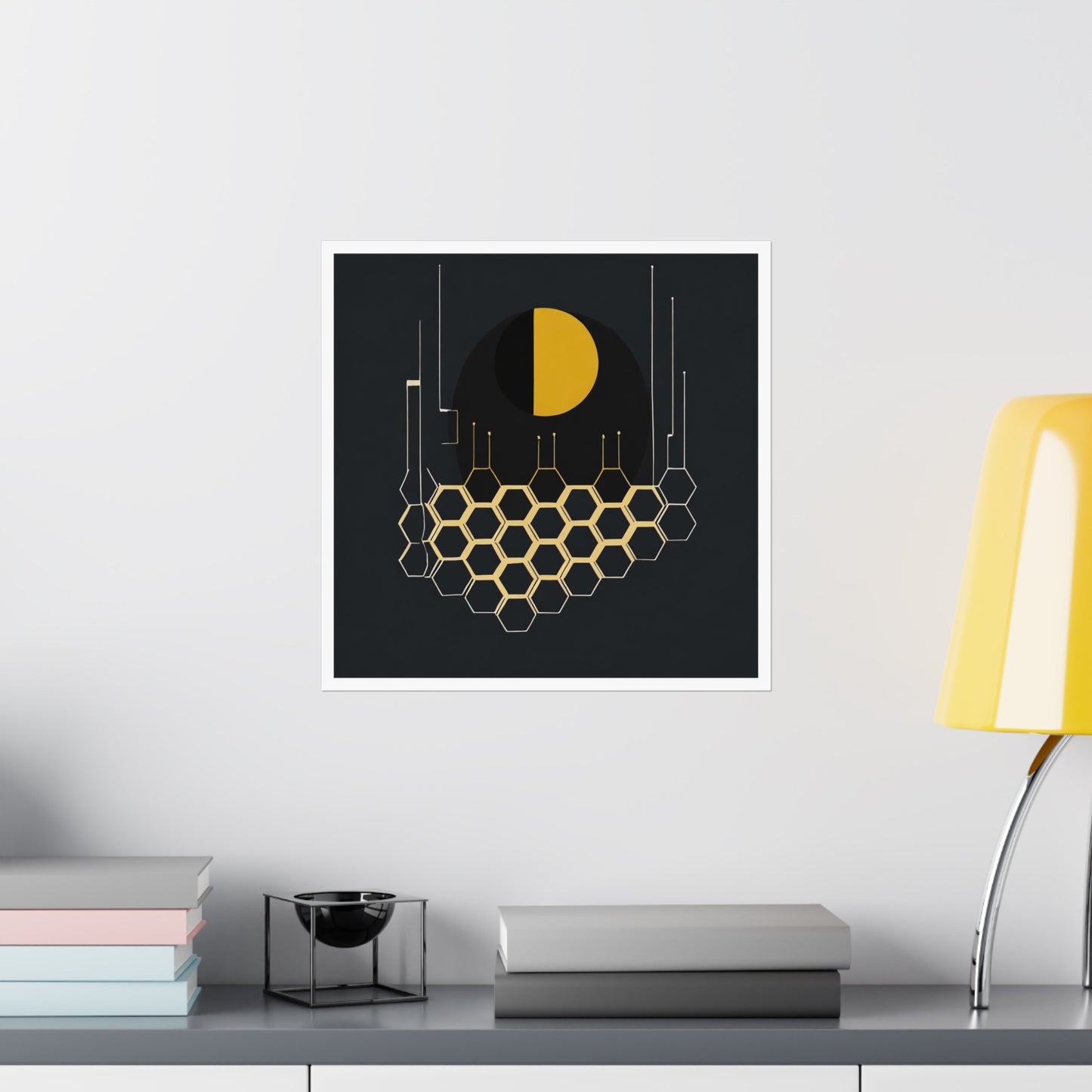 Minimalist Moon Graphic Abstract Geometric Honeycomb Square Matte Poster Cosmic Glitch Art Print