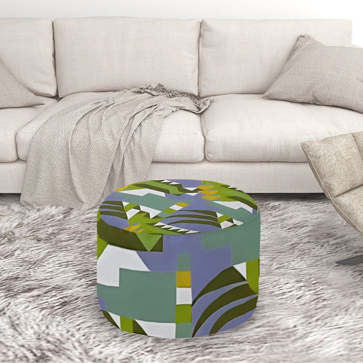 Kaleidoscope Reimagined Colorful Eclectic Round Pouf Ottoman |  Art Deco Inspired Abstract Patterned Pouf