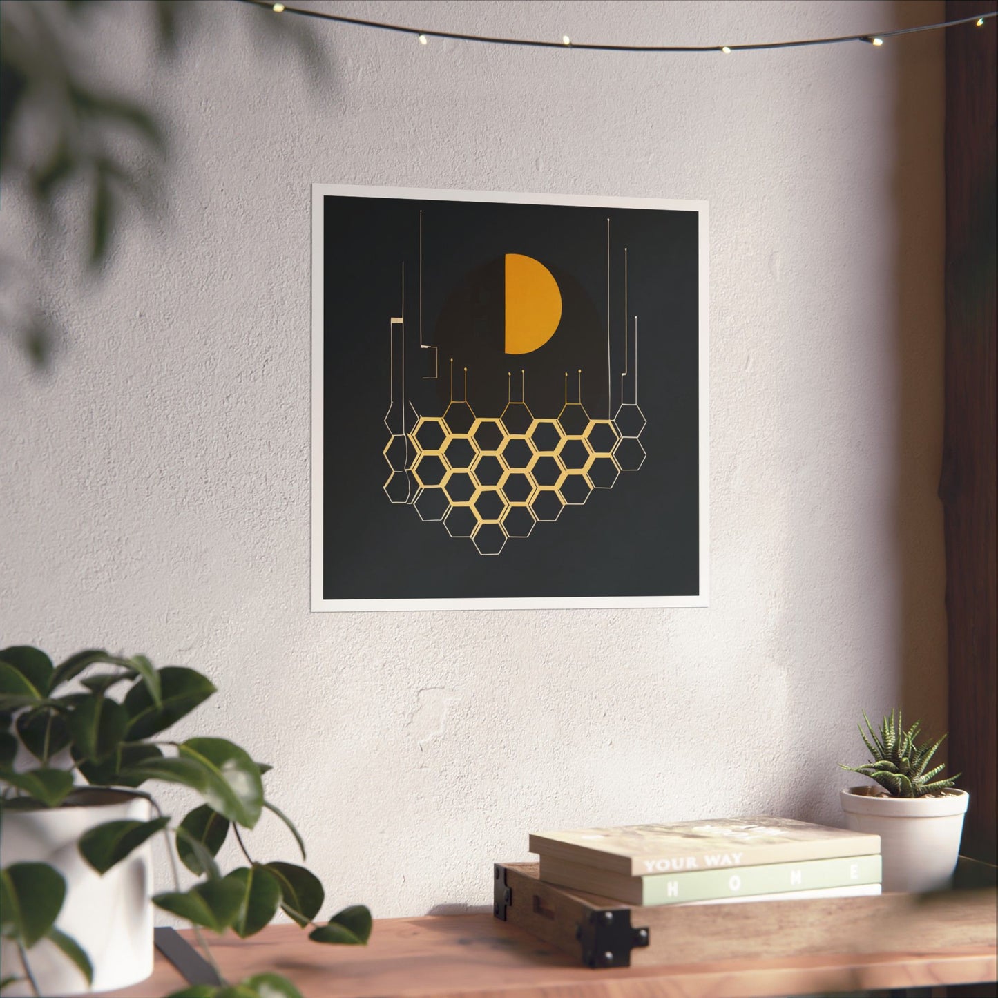 Minimalist Moon Graphic Abstract Geometric Honeycomb Square Matte Poster Cosmic Glitch Art Print