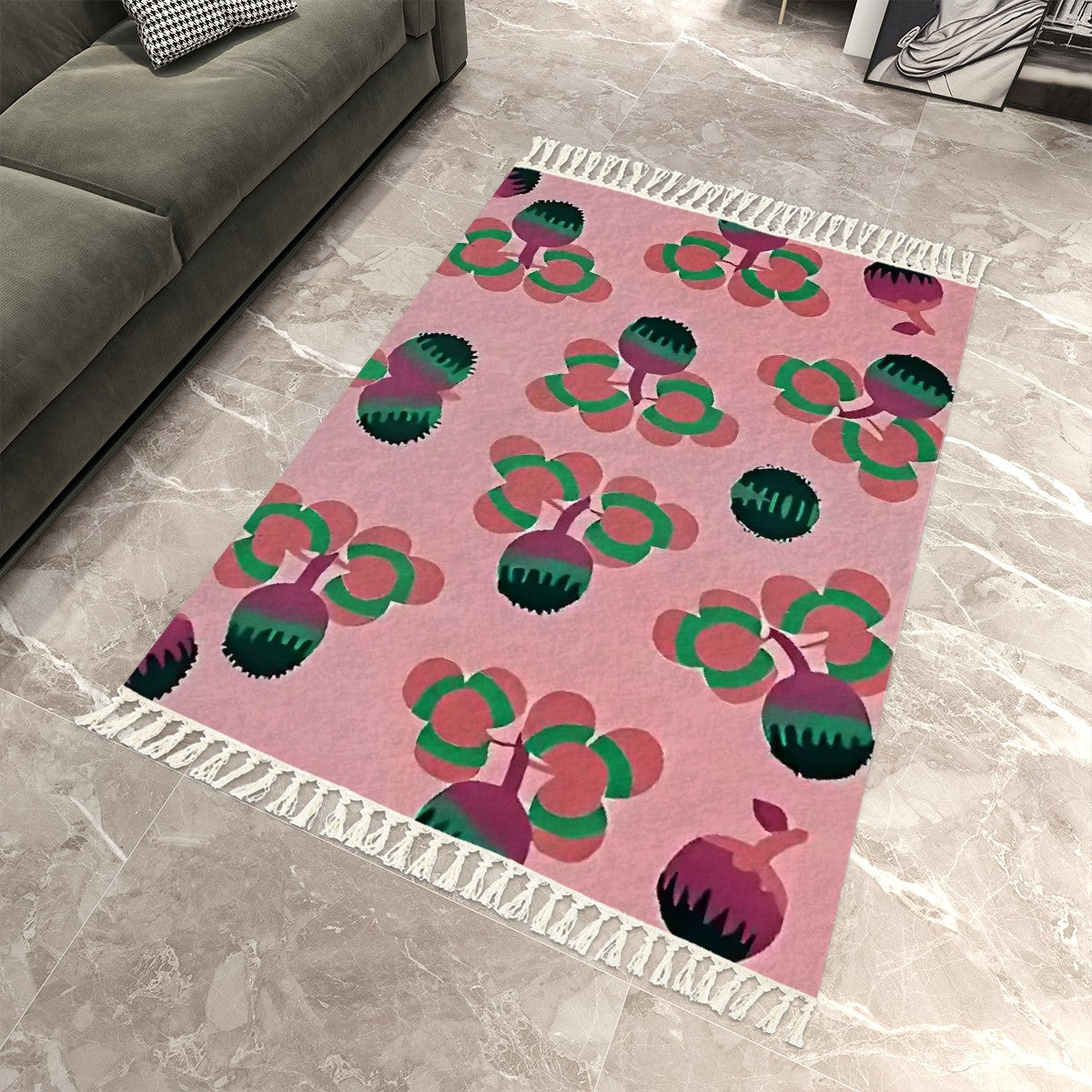 Blush Art Deco Abstract Floral Area Rug with Tassels (5'x8') | Dreamy Pastel Rug