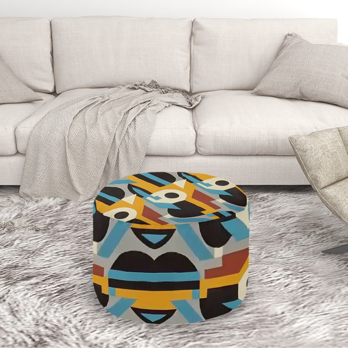 Kaleidoscope Reimagined Colorful Eclectic Round Pouf Ottoman |  Art Deco Inspired Abstract Patterned Pouf