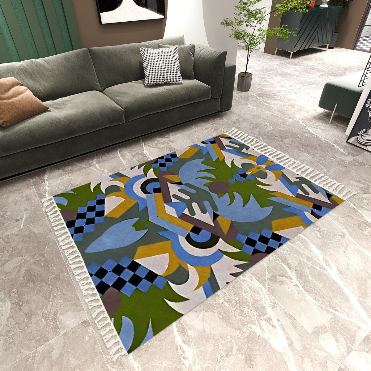 Kaleidoscopic Mirage Abstract Geometric Area Rug with Tassels (5'x8') | Art Deco Glam Rug