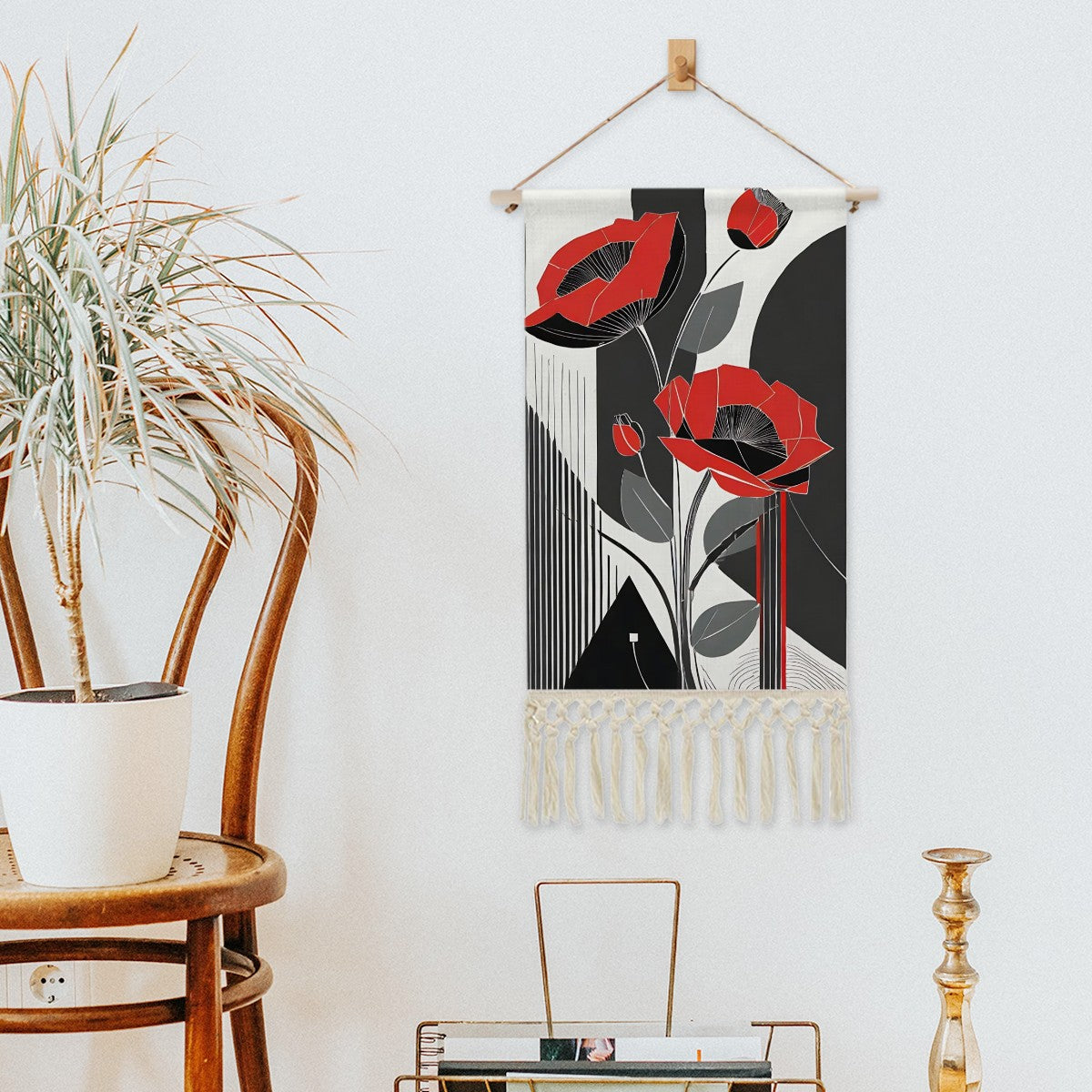 Scarlet Bloom Wall Hanging | Art Deco Floral Cotton Linen Tapestry