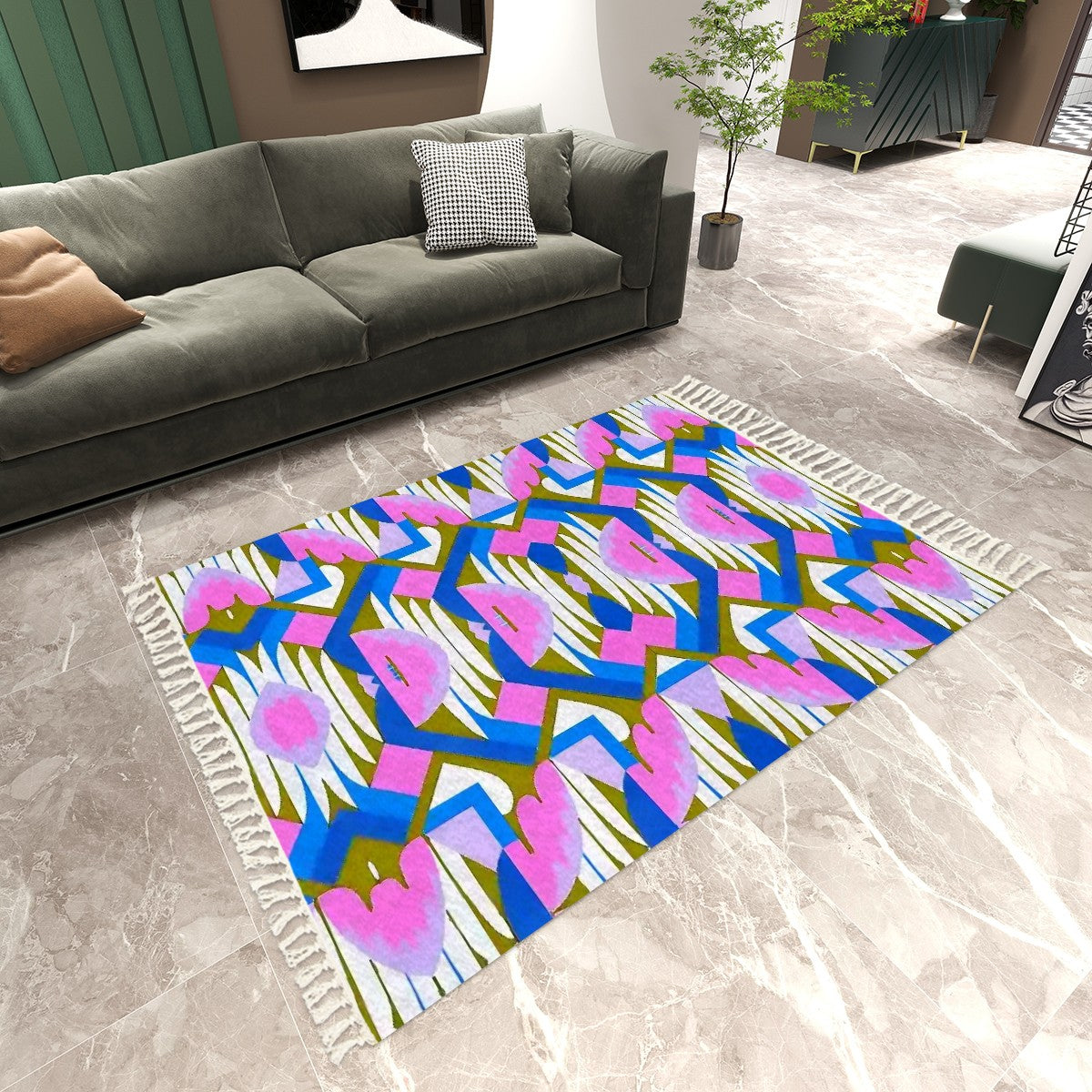 Kaleidoscope Reimagined Colorful Area Rug with Tassels (5x8)