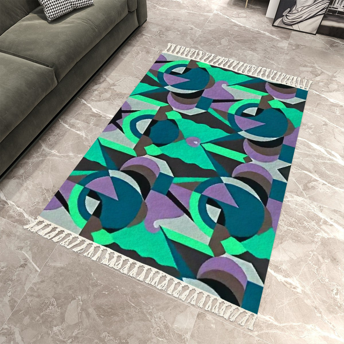 Chromatic Echoes Abstract Geometric Area Rug with Tassels (5'x8') | Vibrant Art Deco Rug