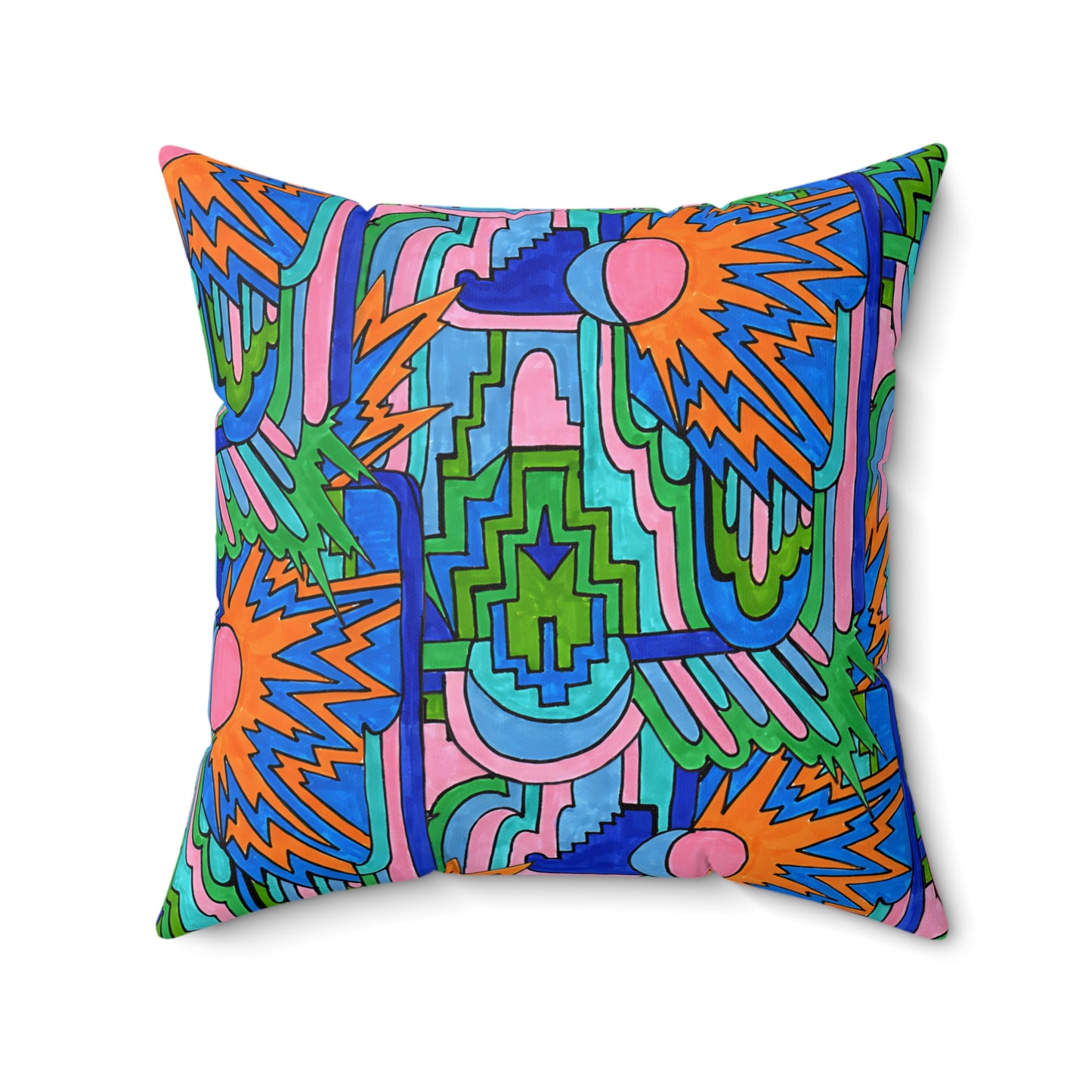 Pop Decoscape Abstract Artwork Maximalist Throw Pillow - Colorful Hand Drawn Eclectic Square Pillow