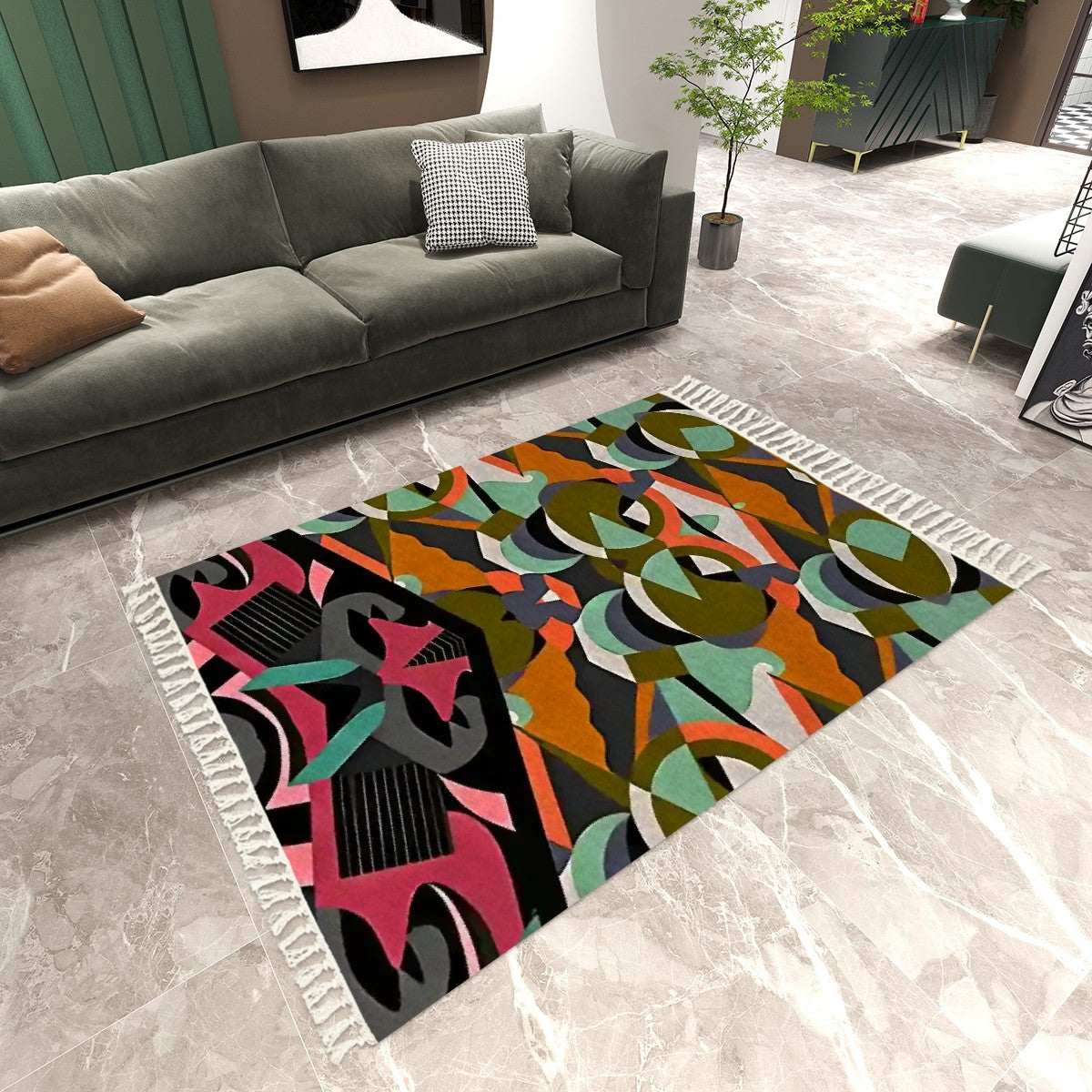 Biophilic Prism Abstract Geometric Area Rug with Tassels (5'x8') | Botanical Glam Rug