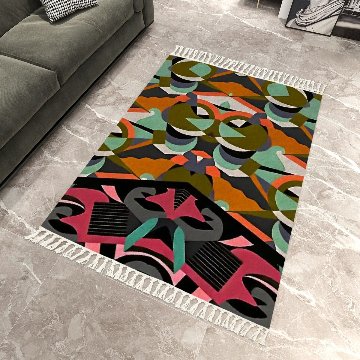 Biophilic Prism Abstract Geometric Area Rug with Tassels (5'x8') | Botanical Glam Rug