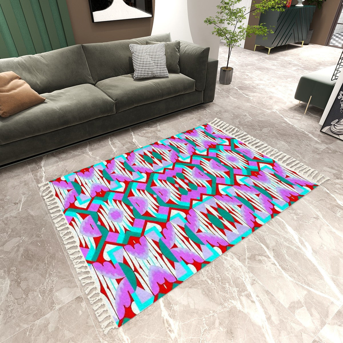 Kaleidoscope Reimagined Colorful Area Rug with Tassels (5x8)